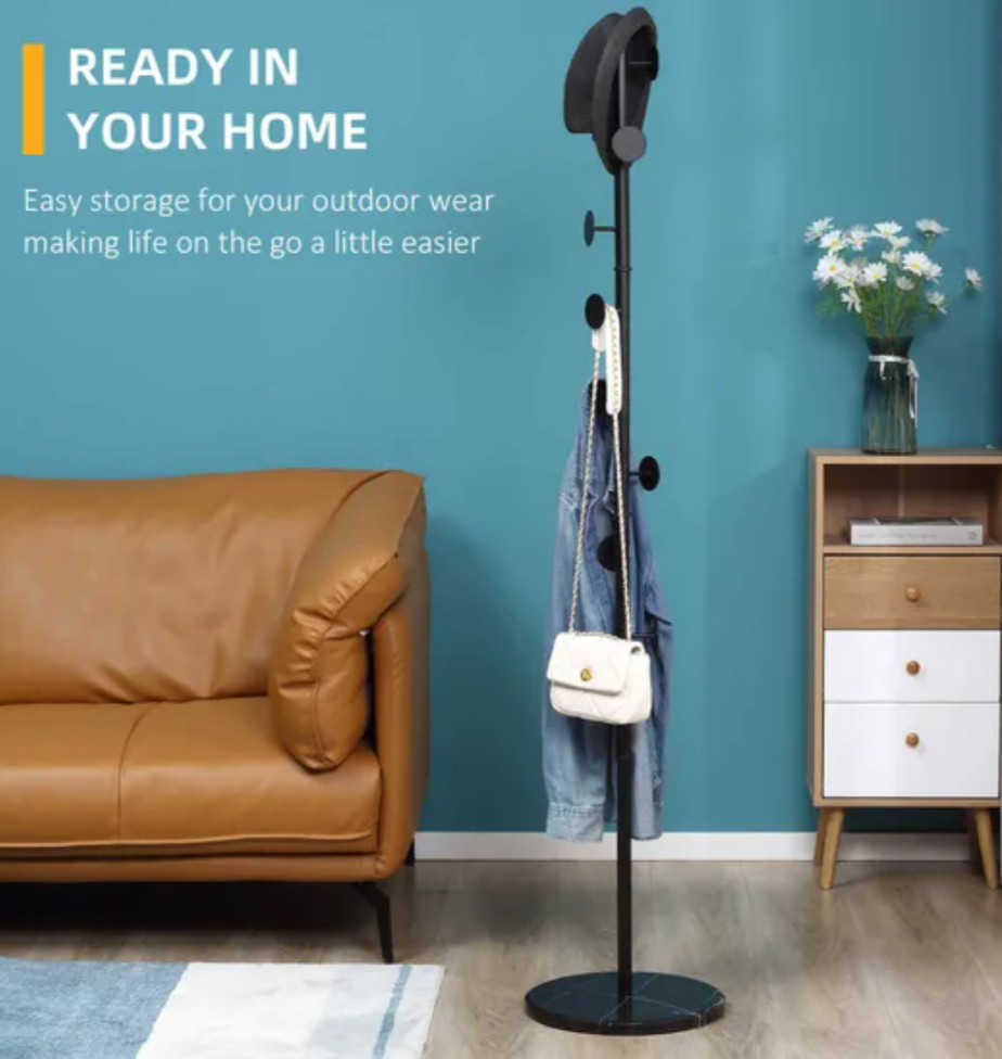HOMCOM Steel Coat Stand with Marble Base – Adjustable 8-Hook Freestanding Rack (Black)