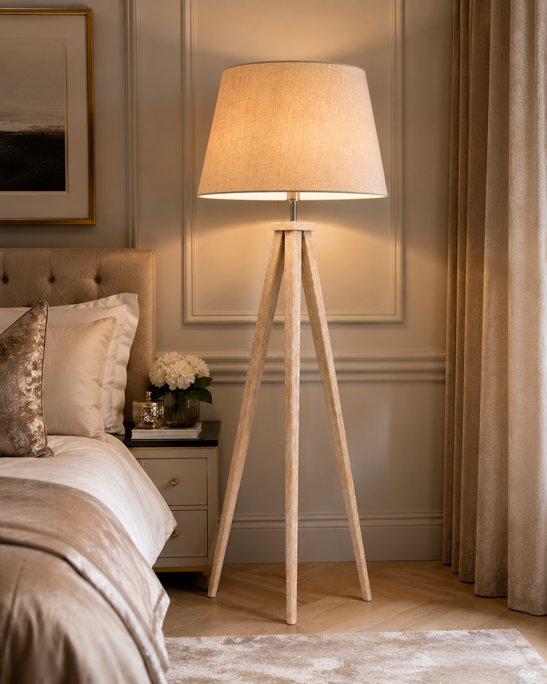 Aratus Grey Wooden Floor Lamp Base – Modern Pine Wood E27 Standing Lamp for Living Room & Bedroom