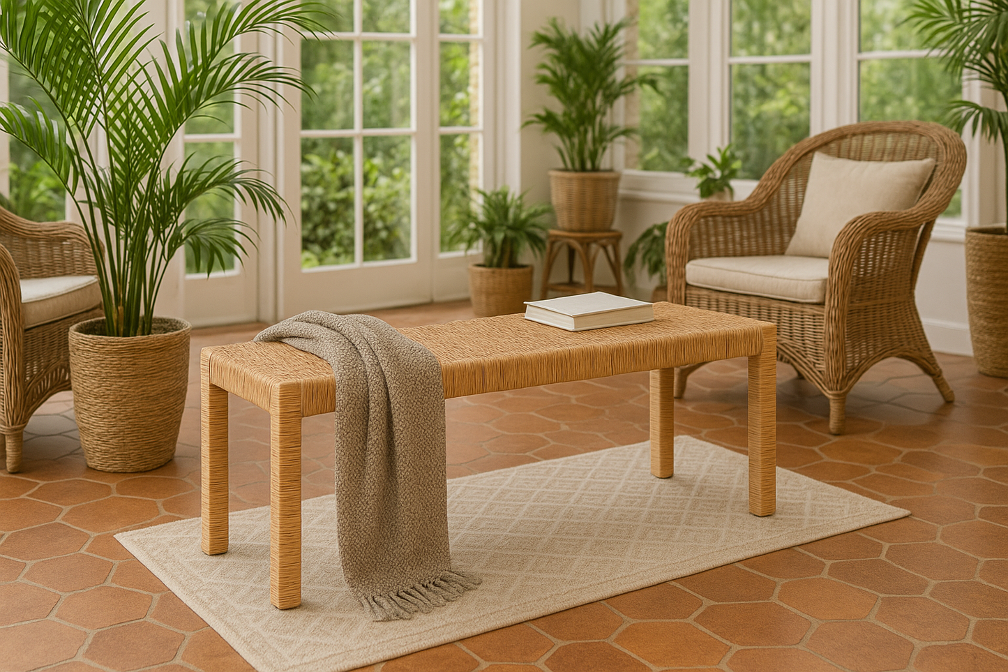 Baxton Studio Bali & Pari Abelia Modern Bohemian Natural Rattan and Mahogany Wood Long Accent Bench