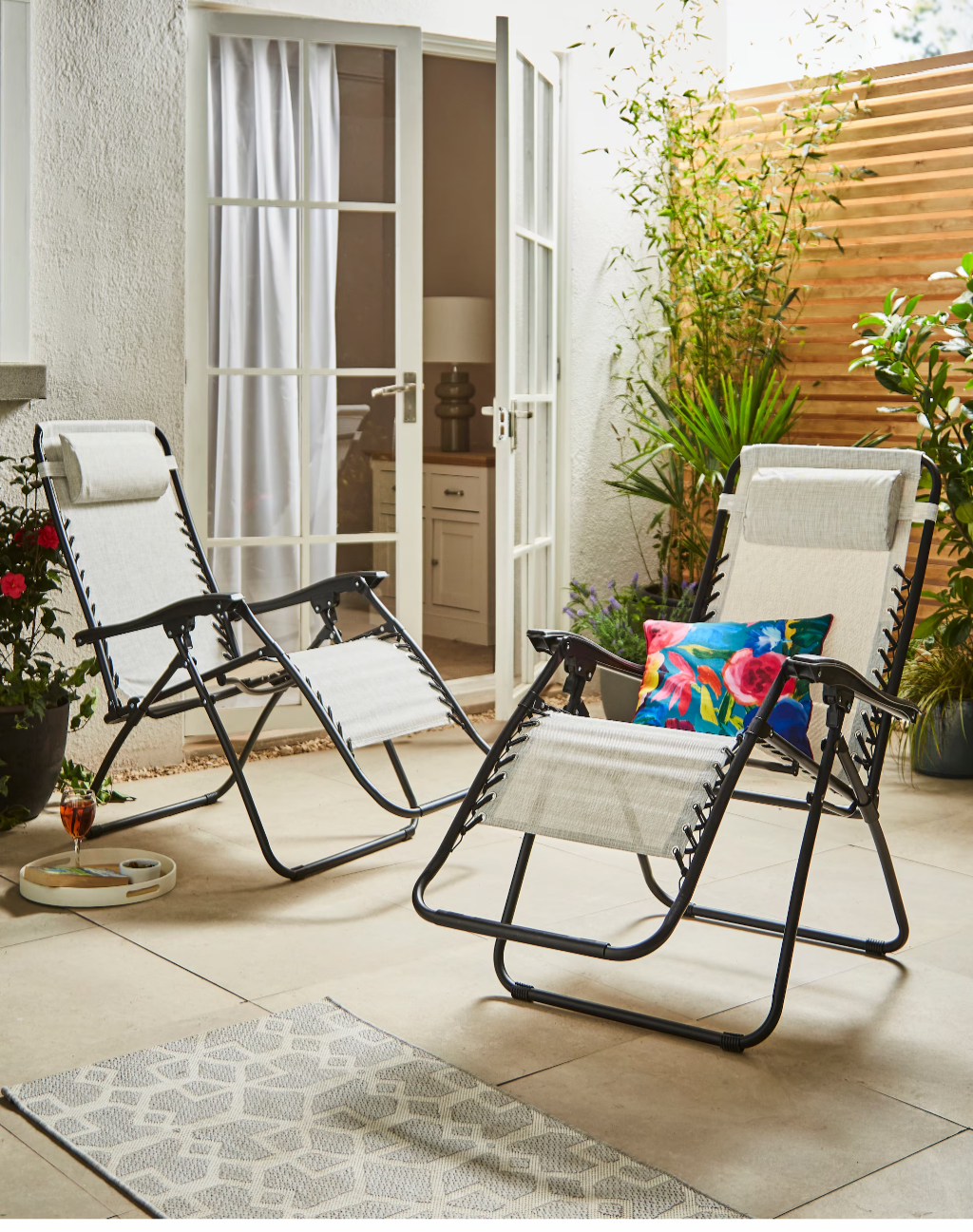 JD Williams Pair of Zero Gravity Chairs Outdoor Folding Recliner Garden Lounger Set