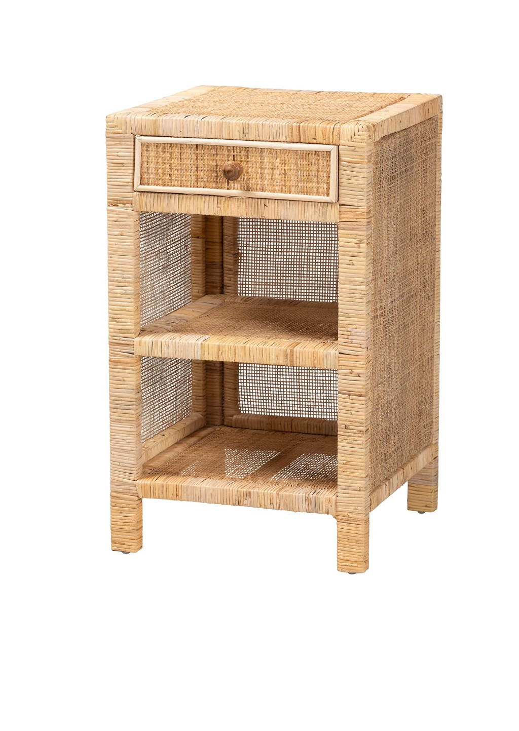 Baxton Studio Bella Natural Rattan Nightstand – Solid Mahogany Wood Bedside Table with Drawer and Shelves by Bali & Pari (Fully Assembled)