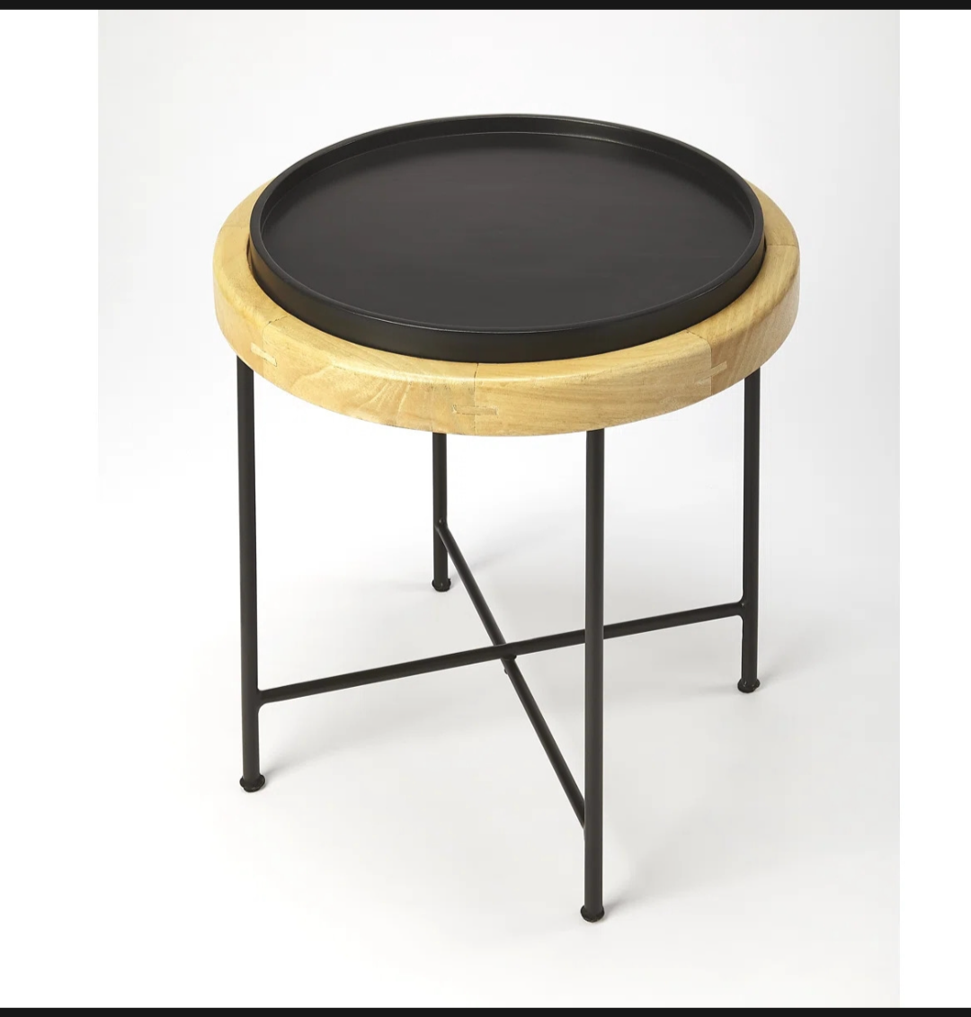 Rochester Wood & Metal Accent Table Round Mango Wood Black Iron Modern Side