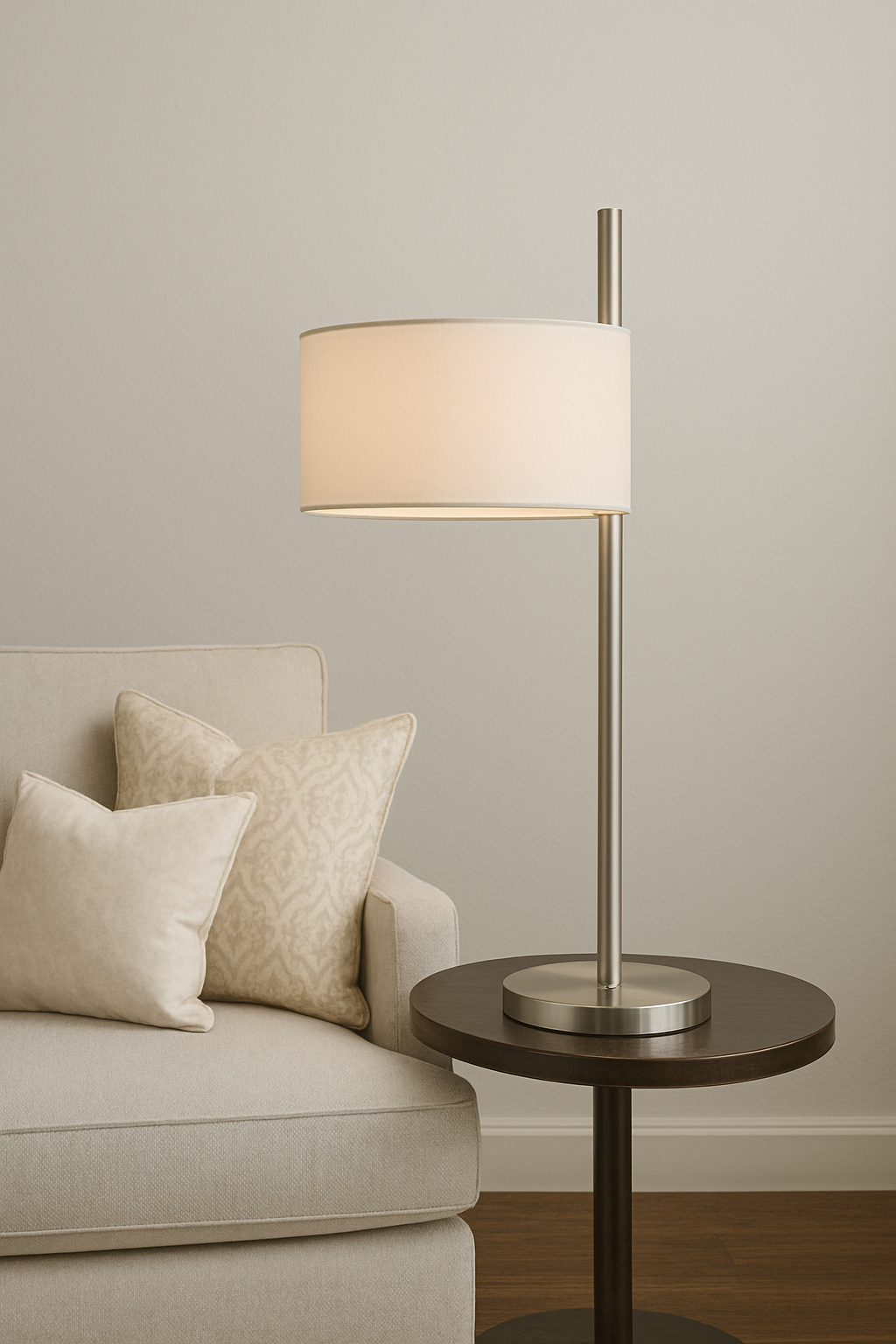 Attwood LED Table Lamp – Polished Nickel with White Faux Silk Shade | Dimond Lighting