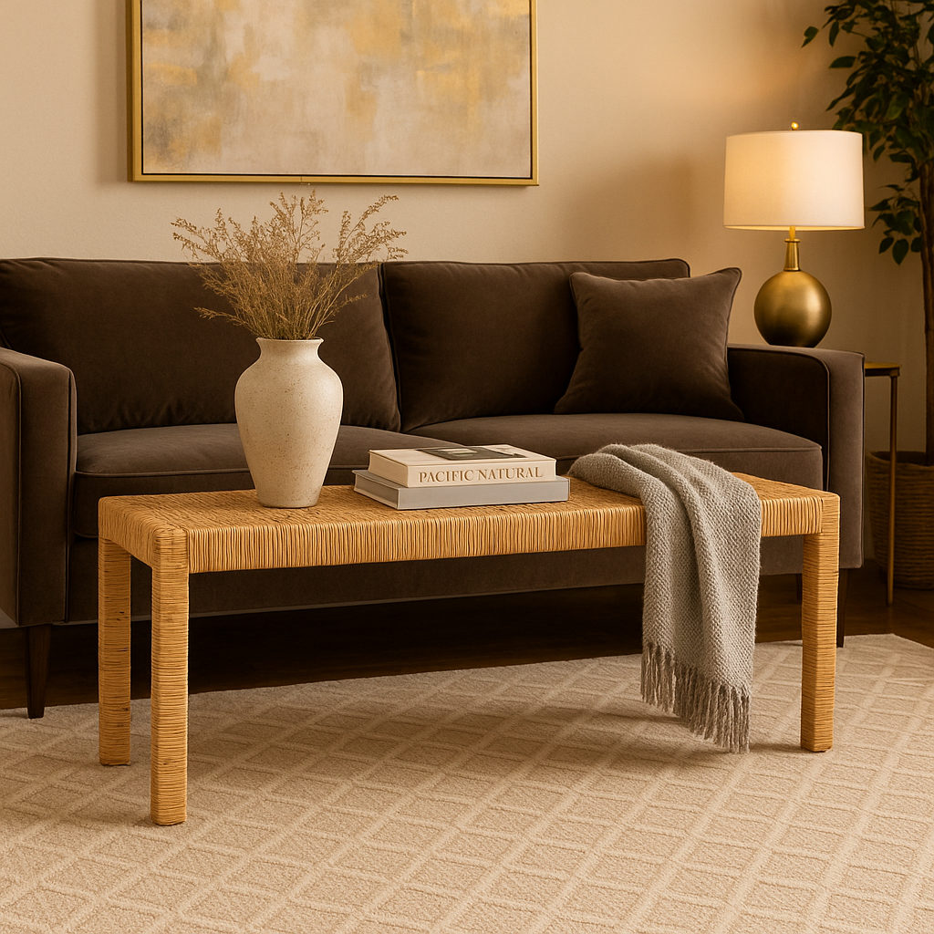 Baxton Studio Bali & Pari Abelia Modern Bohemian Natural Rattan and Mahogany Wood Long Accent Bench