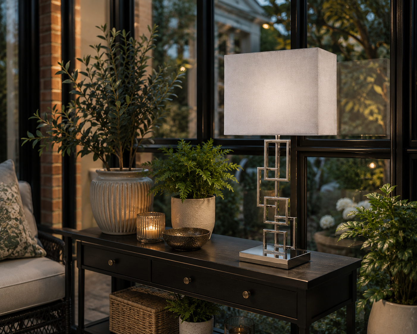 Laura Ashley Geometric Chrome Table Lamp | Luxury Modern Bedside & Living Room Lamp