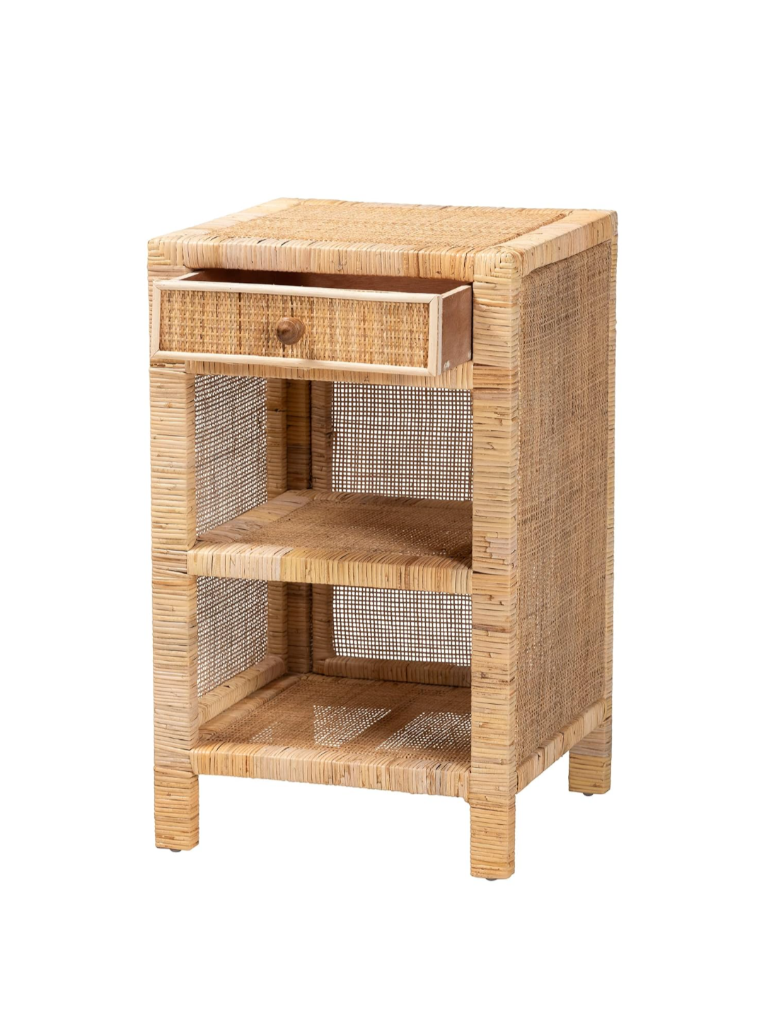 Baxton Studio Bella Natural Rattan Nightstand – Solid Mahogany Wood Bedside Table with Drawer and Shelves by Bali & Pari (Fully Assembled)