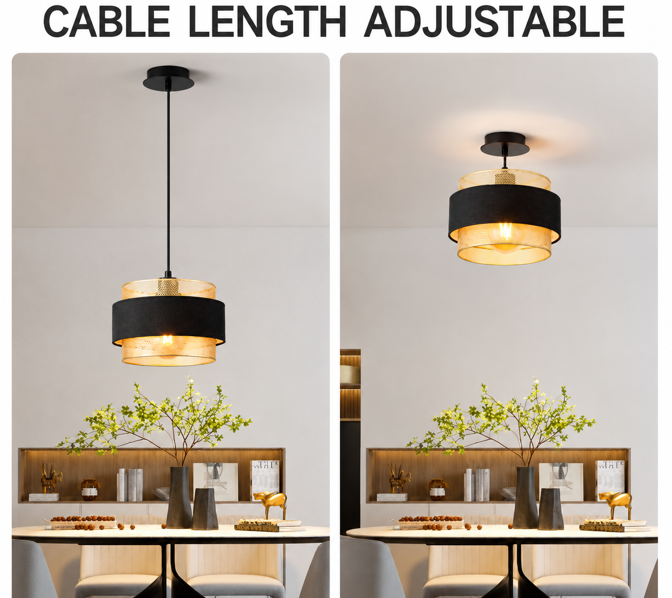 Harper Living Modern Pendant Ceiling Light – Black Fabric & Gold Mesh Shade | Adjustable Height 20–123cm | Dimmable E27 Hanging Light