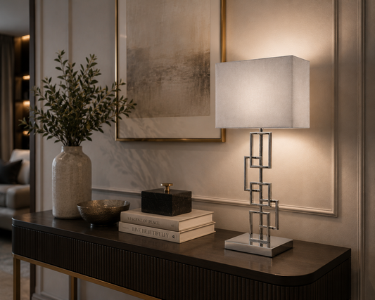 Laura Ashley Geometric Chrome Table Lamp | Luxury Modern Bedside & Living Room Lamp