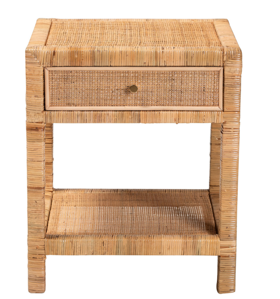 Nightstand – Bali & Pari Adelia Modern Bohemian Rattan & Mahogany Wood 1-Drawer