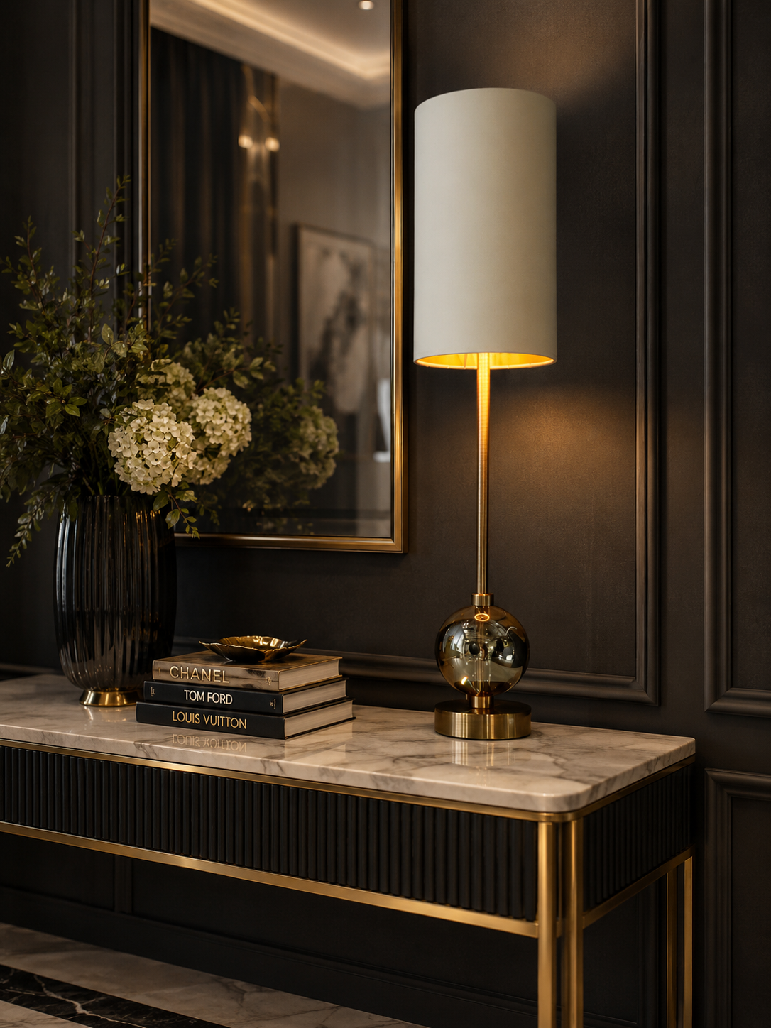 RV Astley Jarama Table Lamp – Luxury Marble, Crystal & Gunmetal Designer Bedside Lamp
