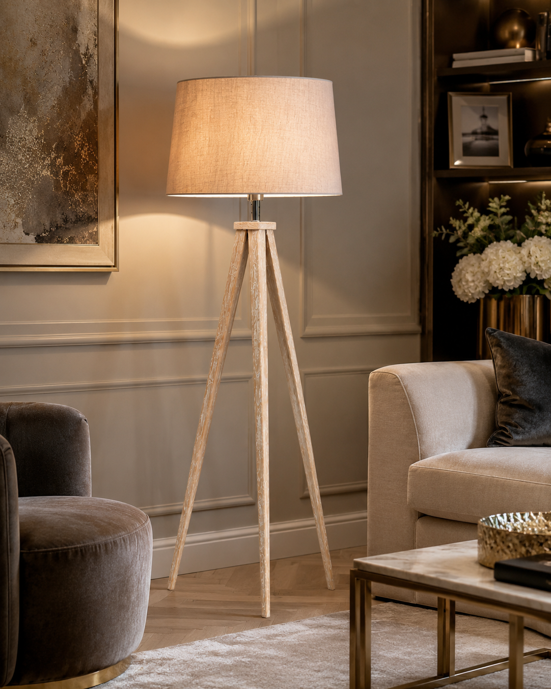 Aratus Grey Wooden Floor Lamp Base – Modern Pine Wood E27 Standing Lamp for Living Room & Bedroom