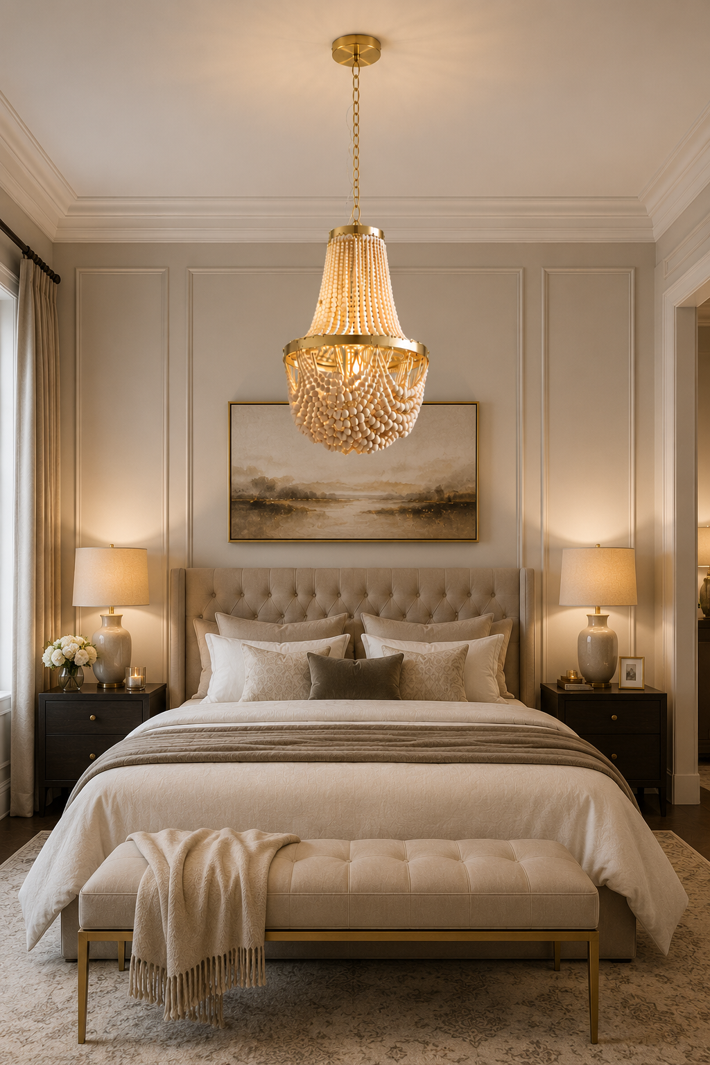 Large Miller Wooden Bead Chandelier Light – Rustic Wooden Ceiling Pendant with Gold Frame | E27 Hanging Light