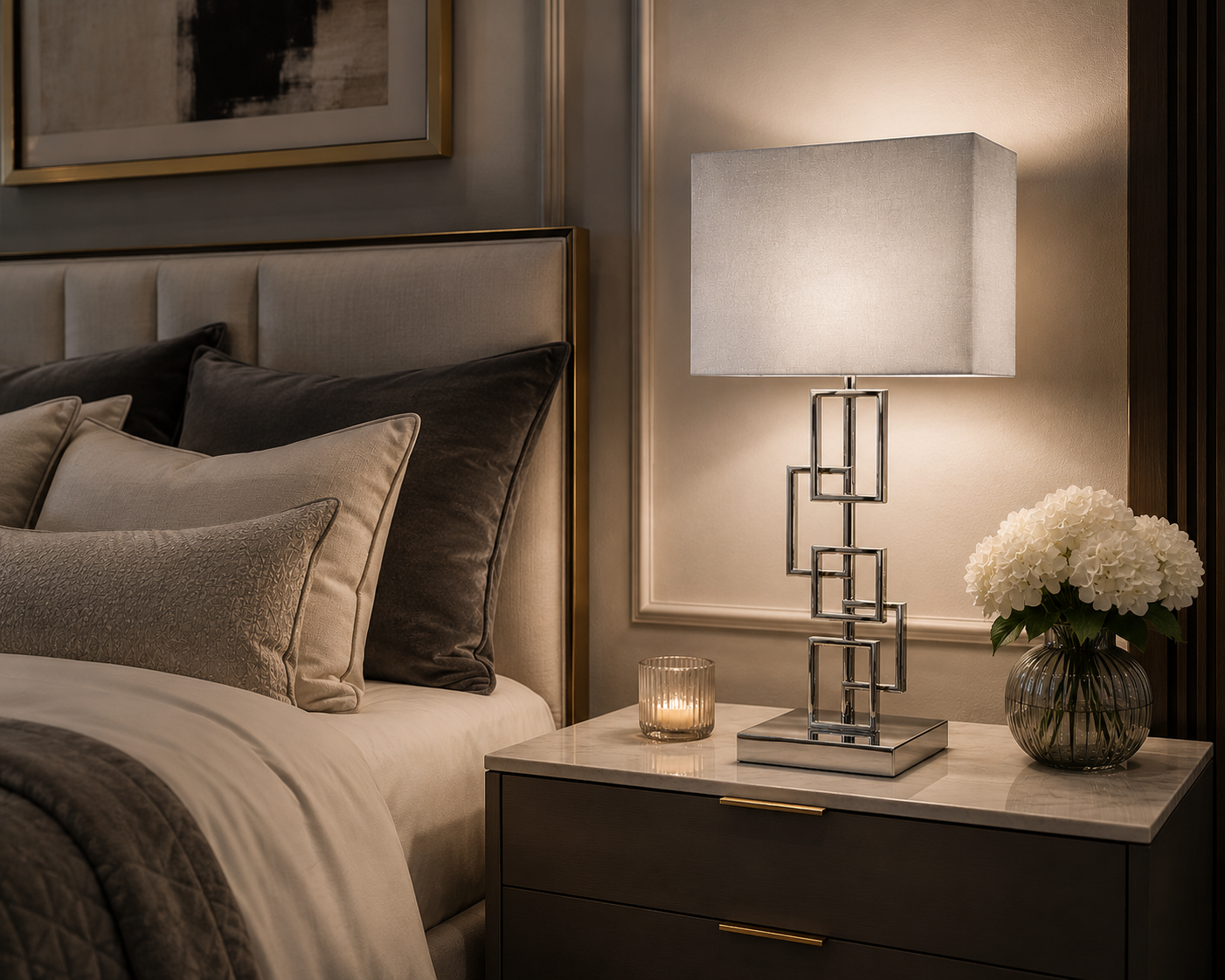 Laura Ashley Geometric Chrome Table Lamp | Luxury Modern Bedside & Living Room Lamp