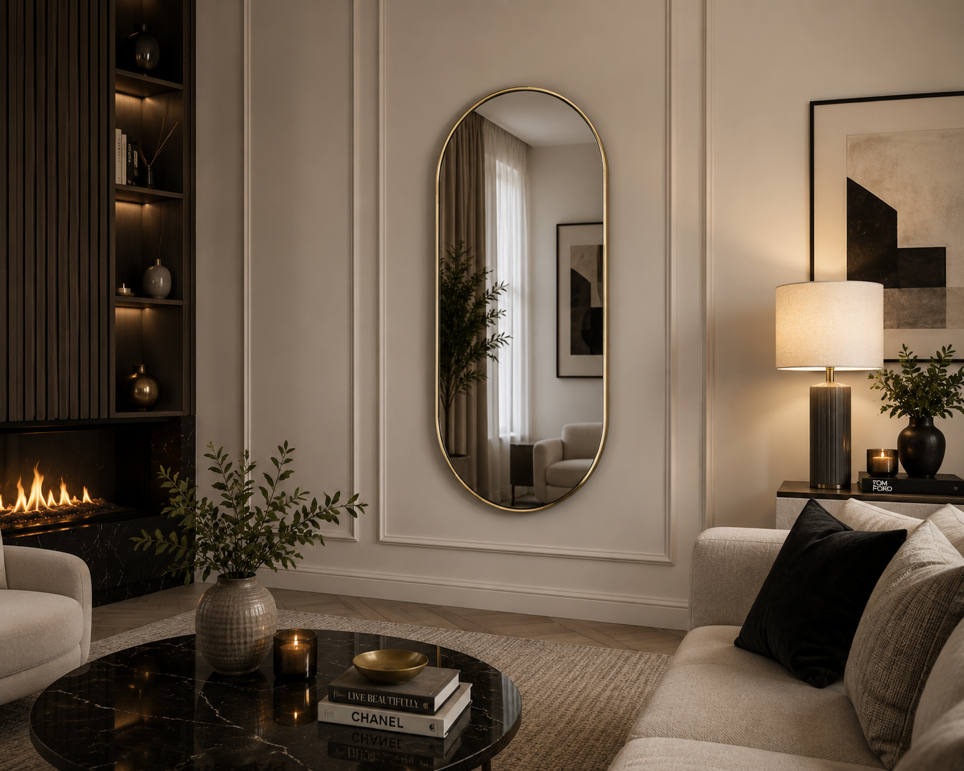 RV Astley Silvia Polished Bronze Wall Mirror 93cm x 35cm | Modern Arched Luxury Mirror
