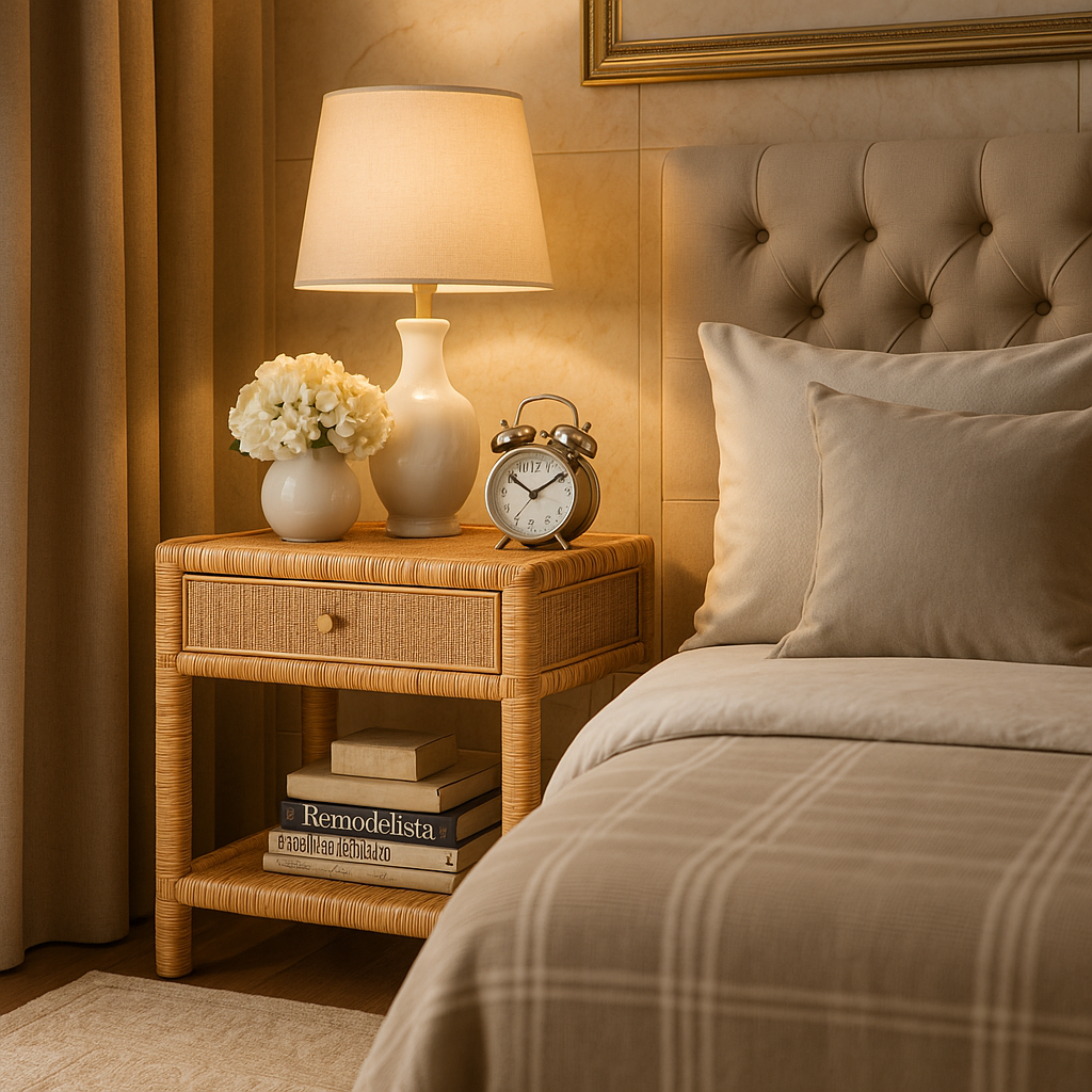 Nightstand – Bali & Pari Adelia Modern Bohemian Rattan & Mahogany Wood 1-Drawer