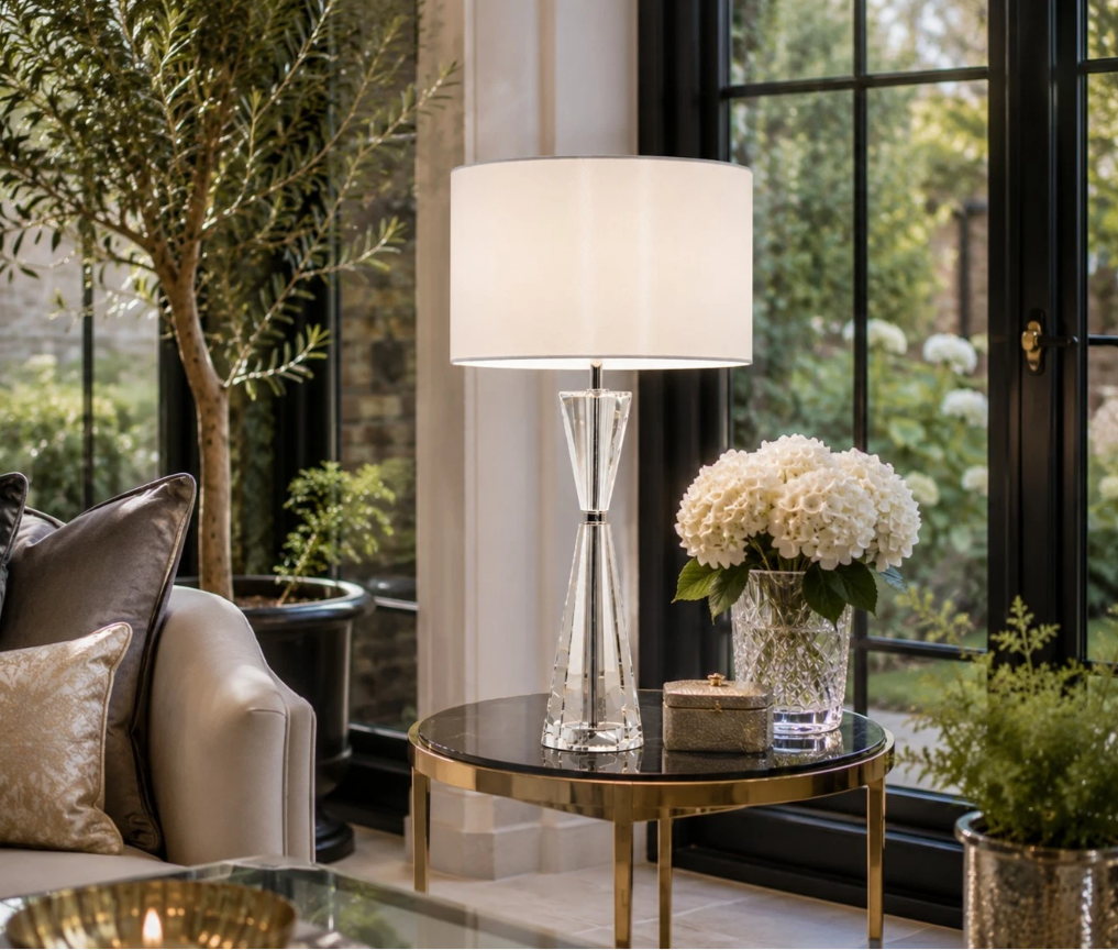 Risha 2 Light Crystal Table Lamp Polished Nickel with Ivory Shade | Luxury Designer Lighting