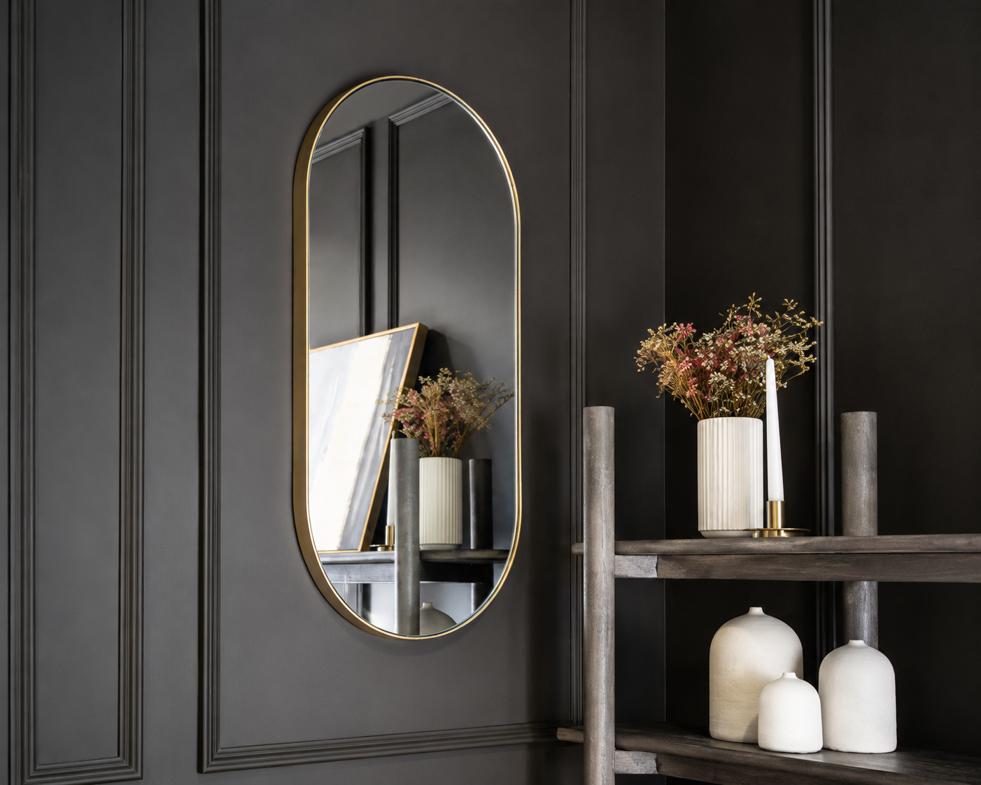 RV Astley Silvia Polished Bronze Wall Mirror 93cm x 35cm | Modern Arched Luxury Mirror
