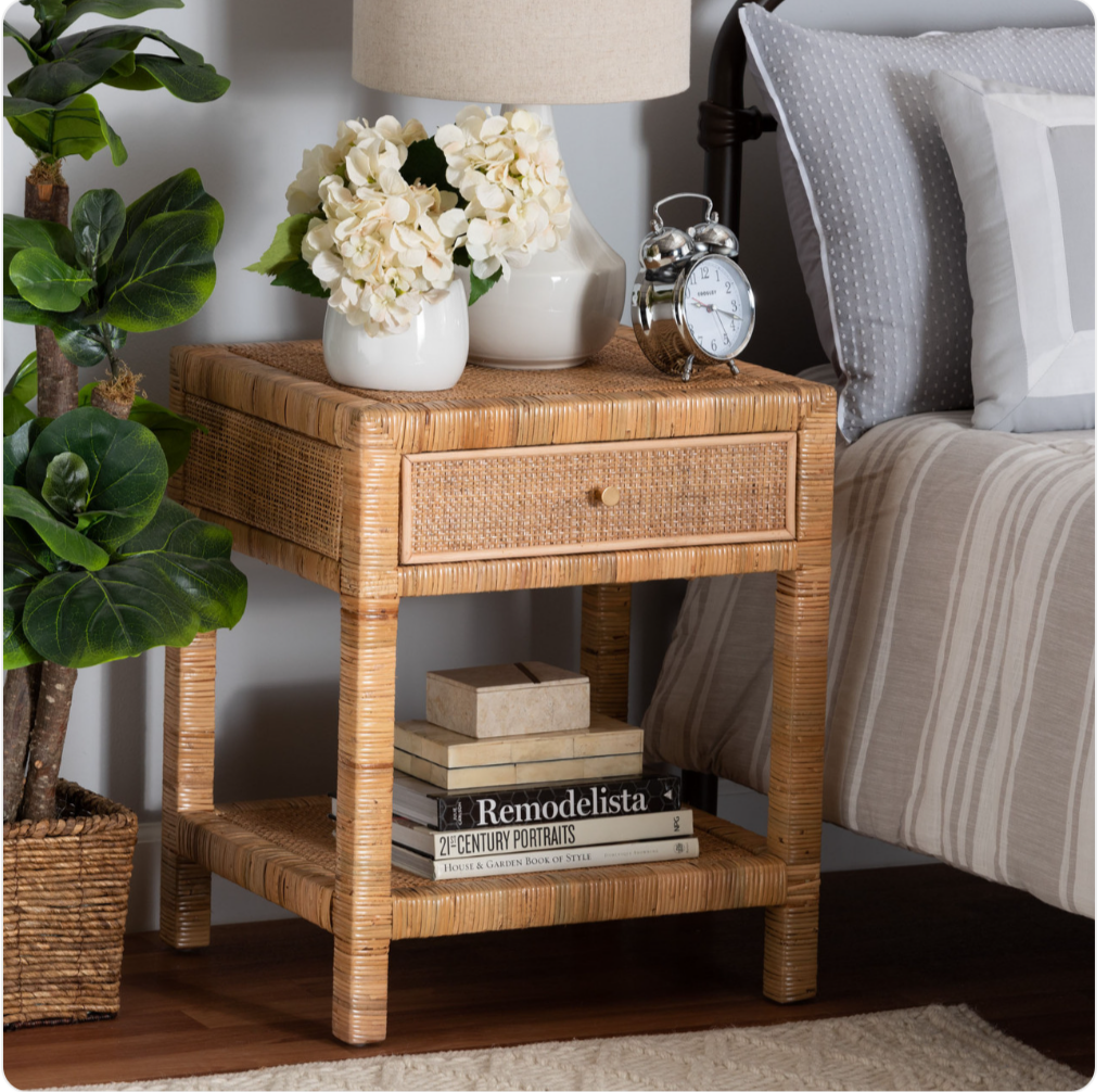 Bali & Pari Adelia Modern Bohemian Natural Rattan & Mahogany Wood 1-Drawer Nightstand