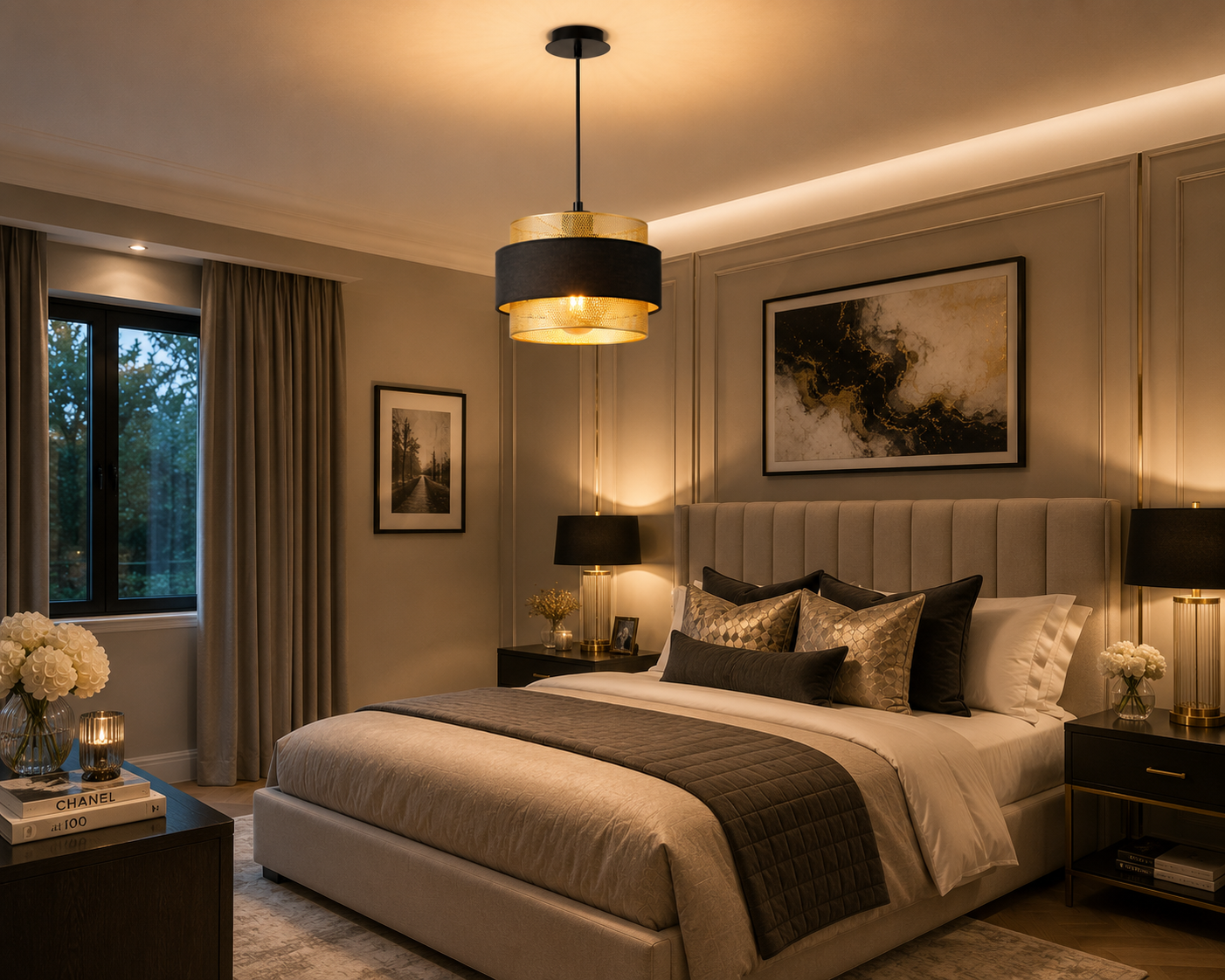 Harper Living Modern Pendant Ceiling Light – Black Fabric & Gold Mesh Shade | Adjustable Height 20–123cm | Dimmable E27 Hanging Light