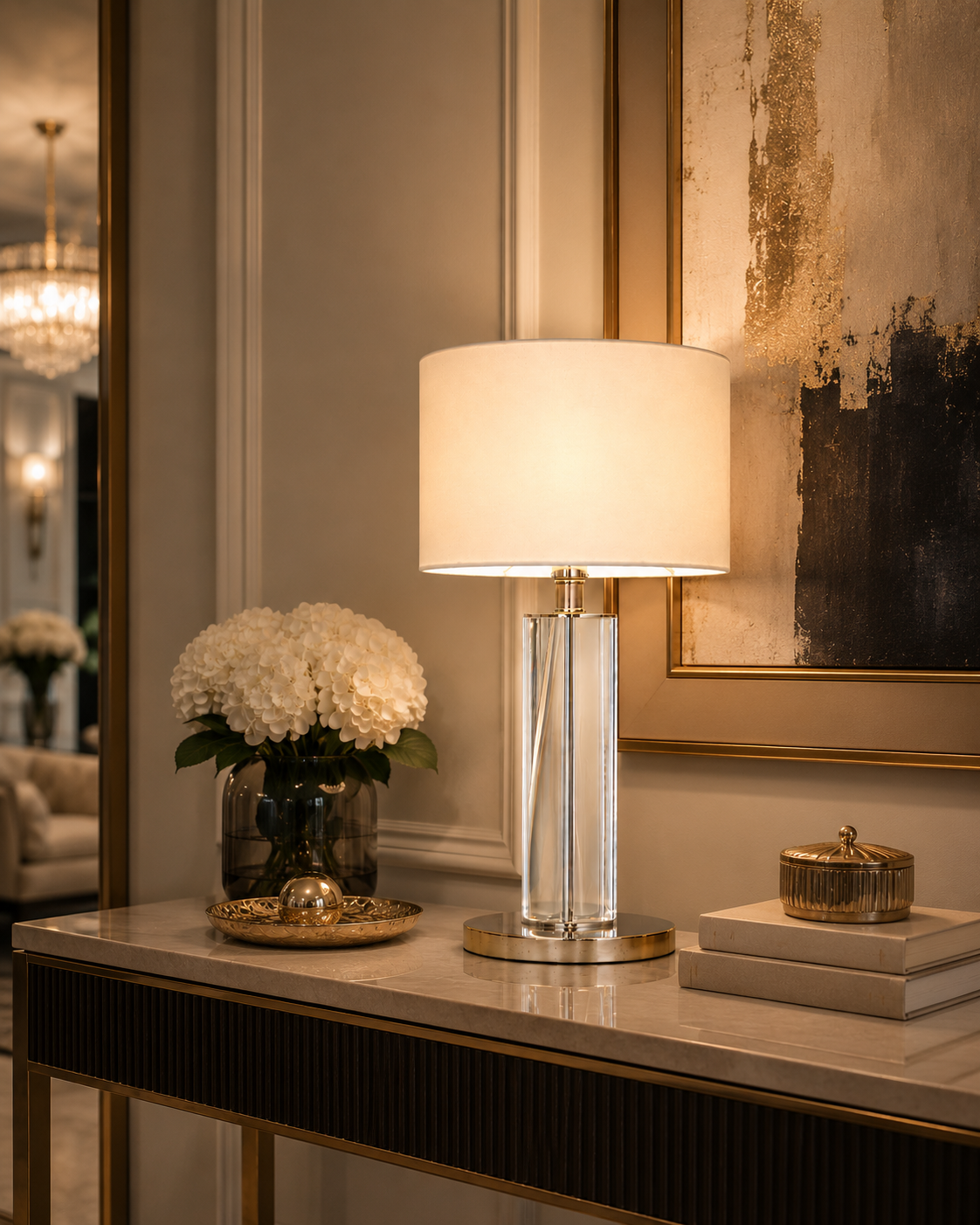 RV Astley Lisle Nickel Crystal Glass Table Lamp with Opal Shade