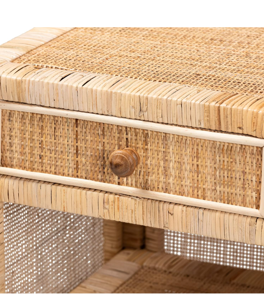 Baxton Studio Bella Natural Rattan Nightstand – Solid Mahogany Wood Bedside Table with Drawer and Shelves by Bali & Pari (Fully Assembled)