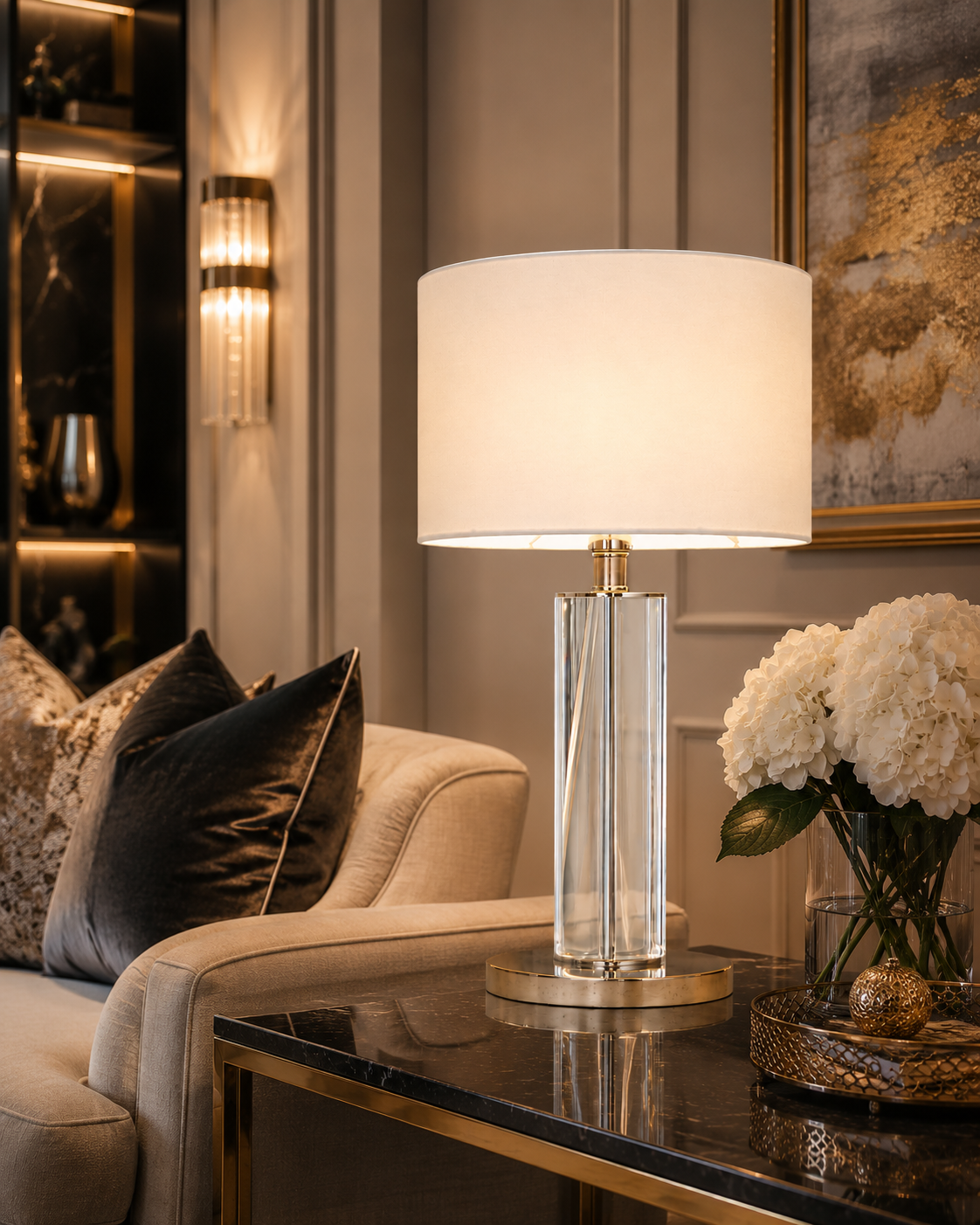 RV Astley Lisle Nickel Crystal Glass Table Lamp with Opal Shade