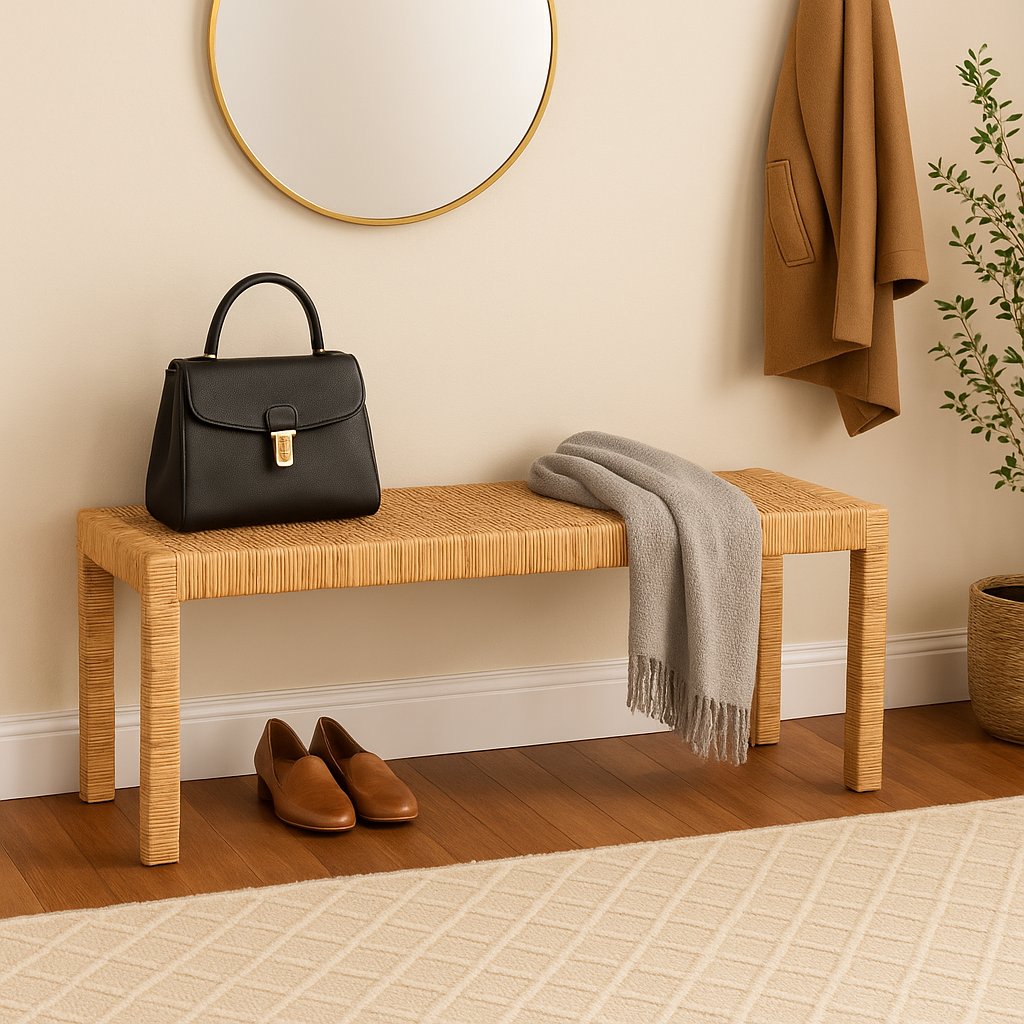 Baxton Studio Bali & Pari Abelia Modern Bohemian Natural Rattan and Mahogany Wood Long Accent Bench