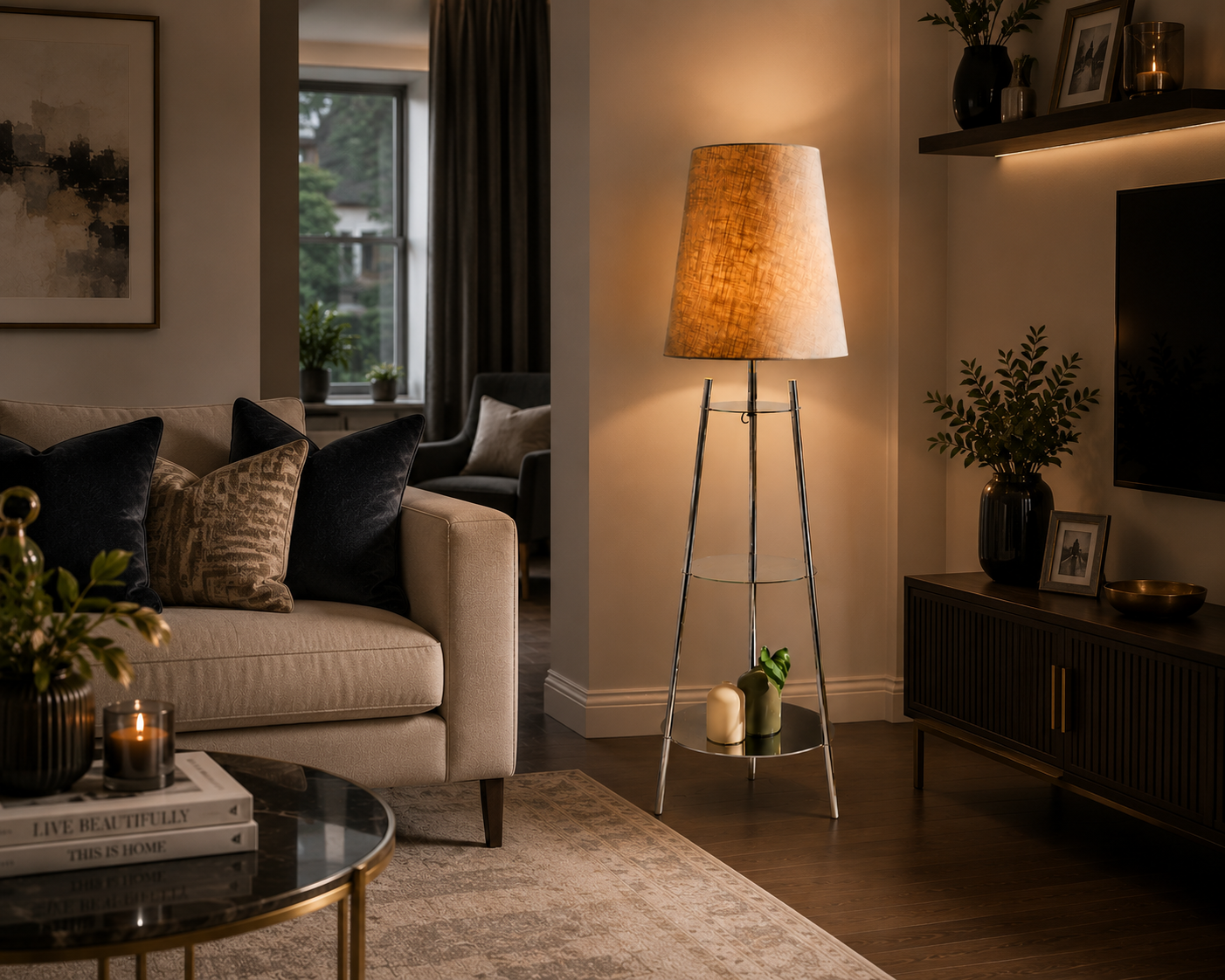 The Very Collection Metal Tapered Shelf Floor Lamp with Glass Shelves – Modern Chrome Floor Lamp with Cream Fabric Shade – 155cm