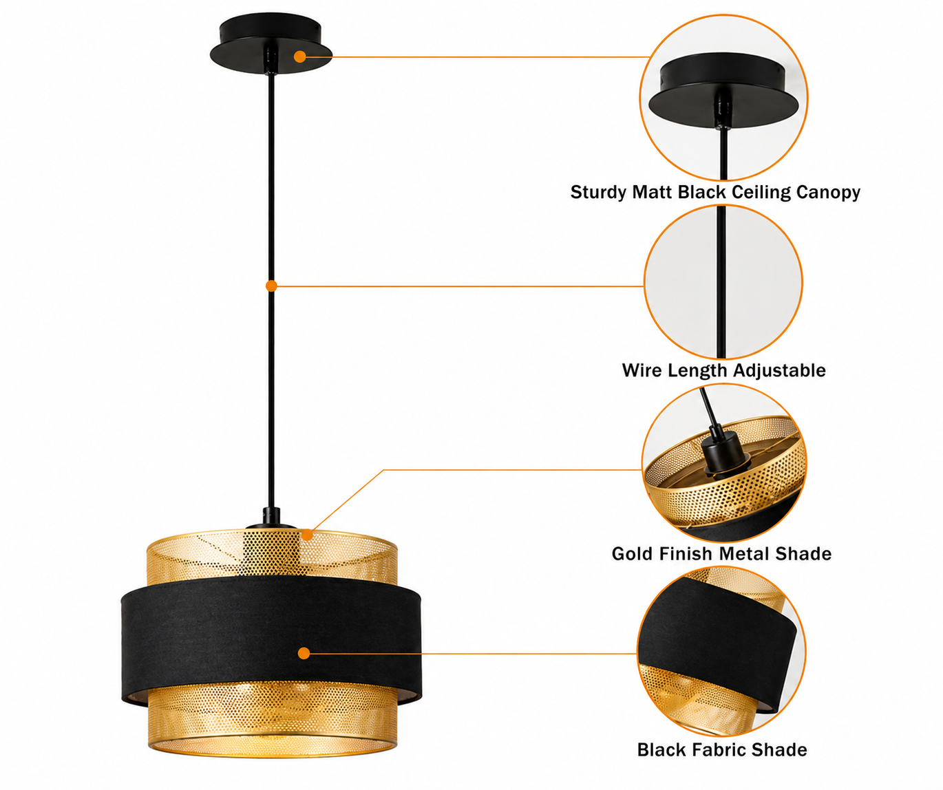 Harper Living Modern Pendant Ceiling Light – Black Fabric & Gold Mesh Shade | Adjustable Height 20–123cm | Dimmable E27 Hanging Light