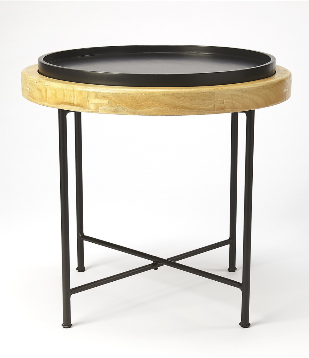 Rochester Wood & Metal Accent Table Round Mango Wood Black Iron Modern Side