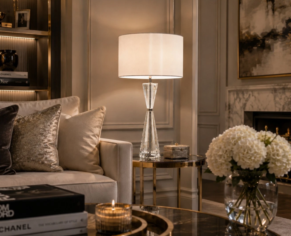 Risha 2 Light Crystal Table Lamp Polished Nickel with Ivory Shade | Luxury Designer Lighting