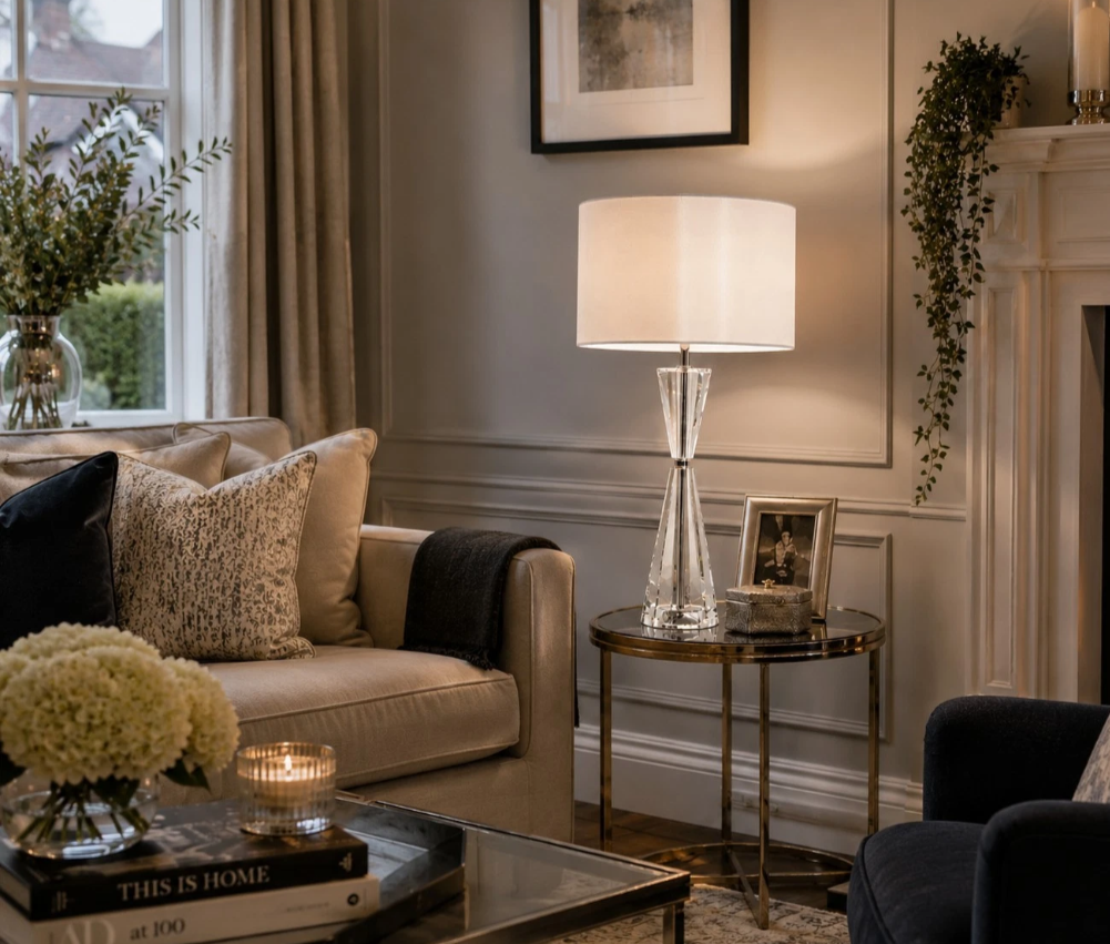 Risha 2 Light Crystal Table Lamp Polished Nickel with Ivory Shade | Luxury Designer Lighting