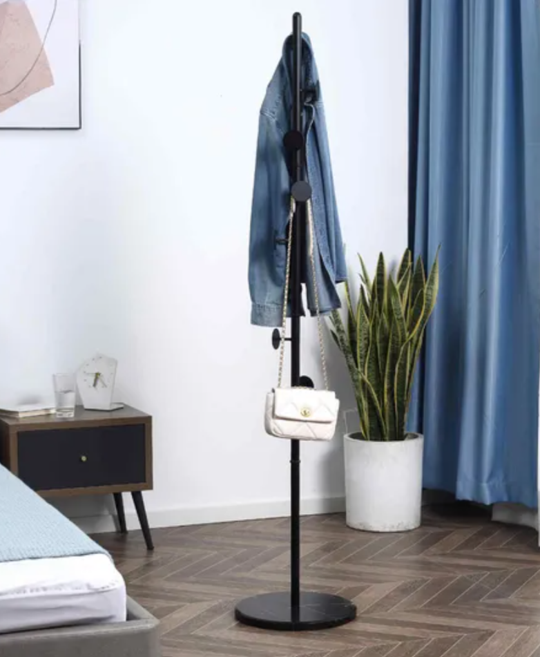 HOMCOM Steel Coat Stand with Marble Base – Adjustable 8-Hook Freestanding Rack (Black)
