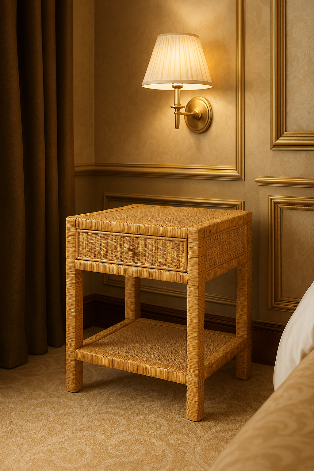 Nightstand – Bali & Pari Adelia Modern Bohemian Rattan & Mahogany Wood 1-Drawer