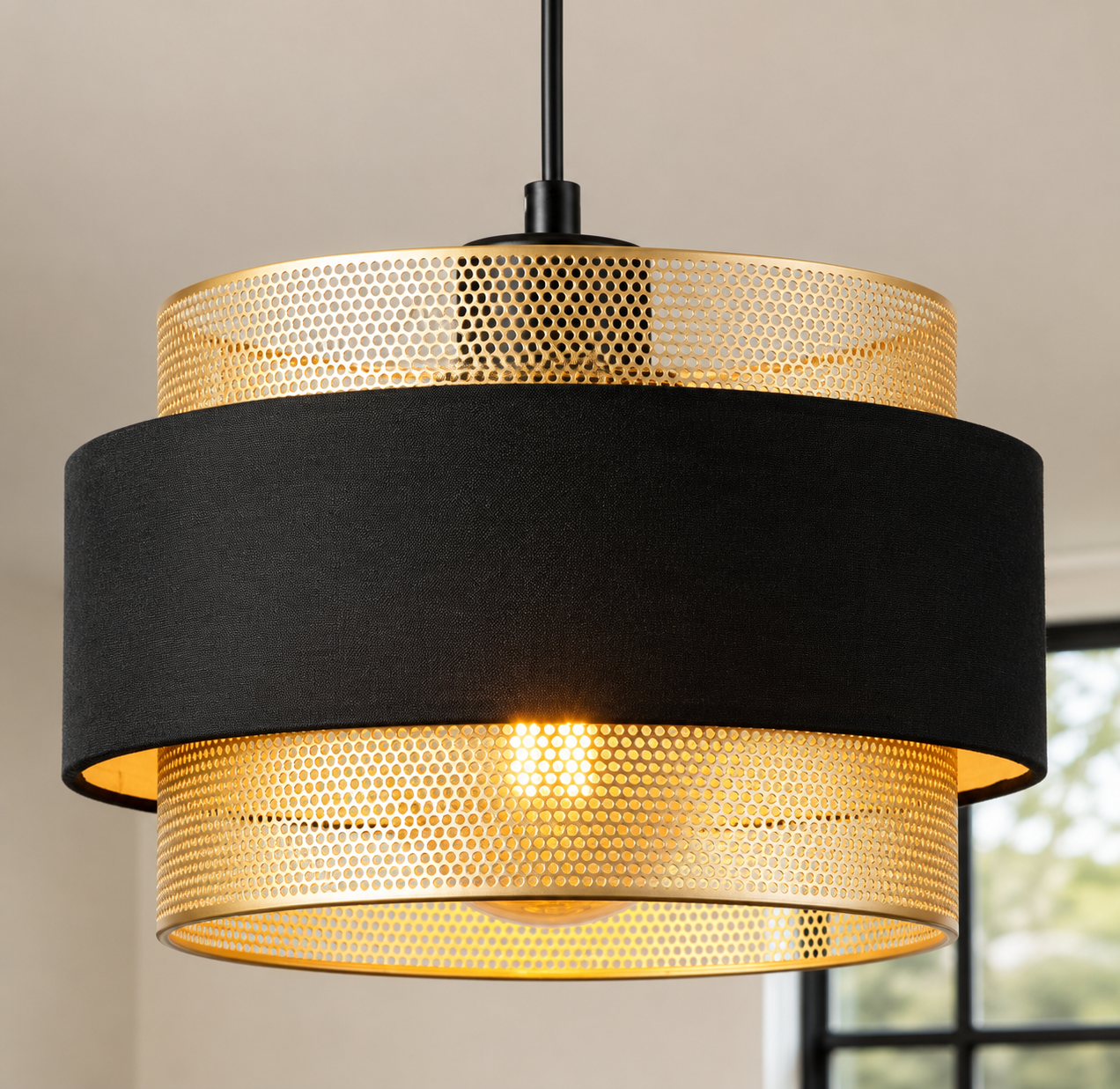 Harper Living Modern Pendant Ceiling Light – Black Fabric & Gold Mesh Shade | Adjustable Height 20–123cm | Dimmable E27 Hanging Light