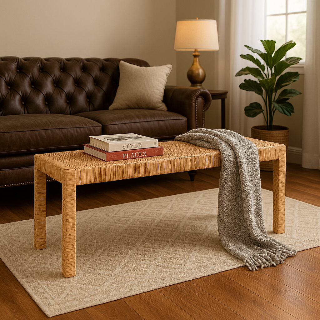 Baxton Studio Bali & Pari Abelia Modern Bohemian Natural Rattan and Mahogany Wood Long Accent Bench