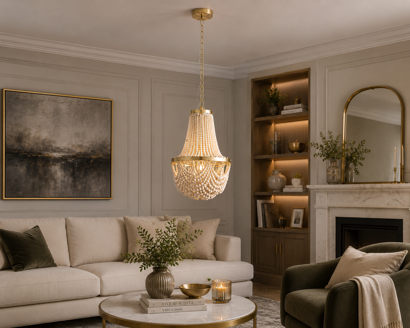 Large Miller Wooden Bead Chandelier Light – Rustic Wooden Ceiling Pendant with Gold Frame | E27 Hanging Light