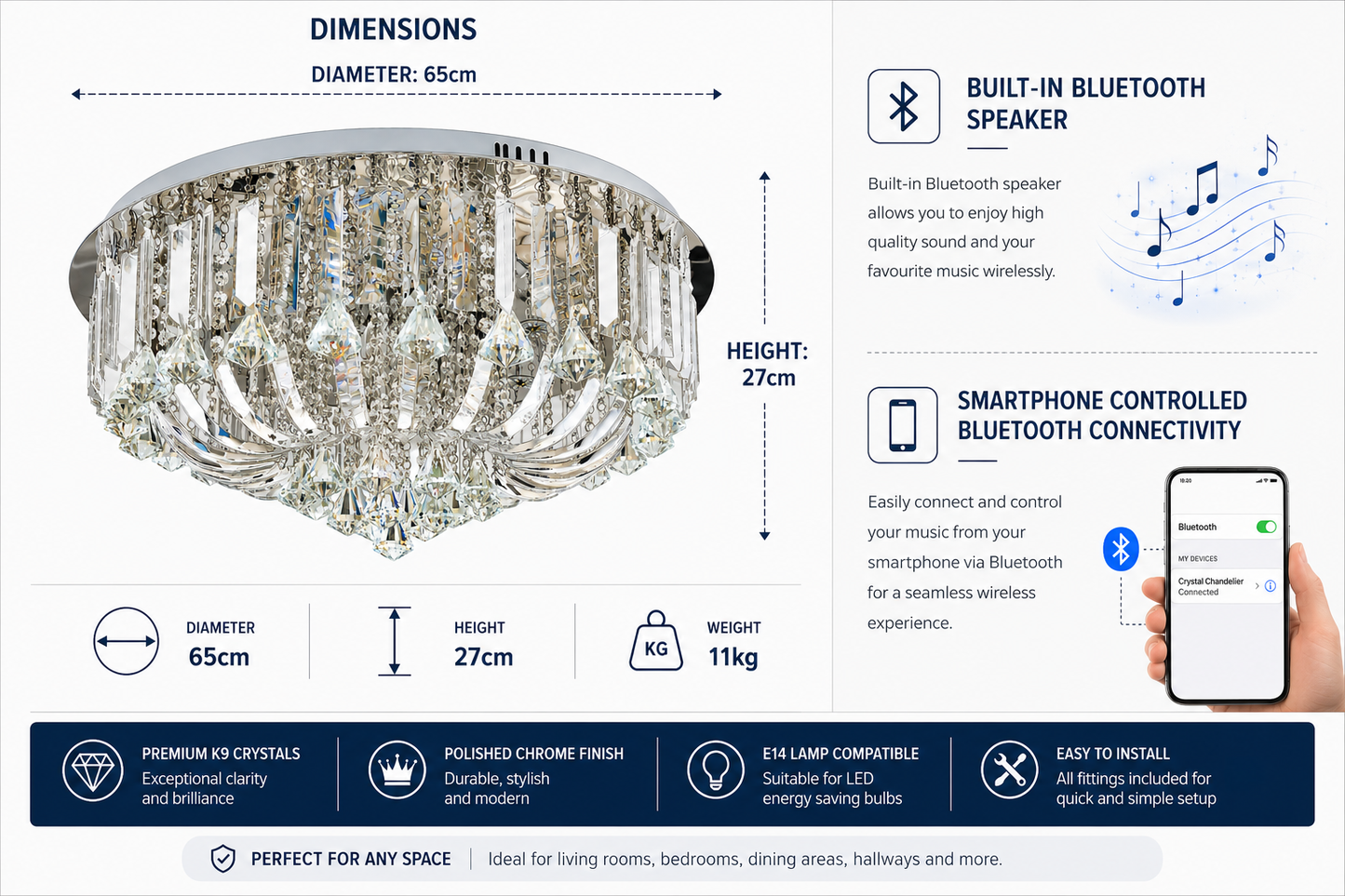 Genuine K9 Crystal LED Flush Ceiling Light with Bluetooth Speaker