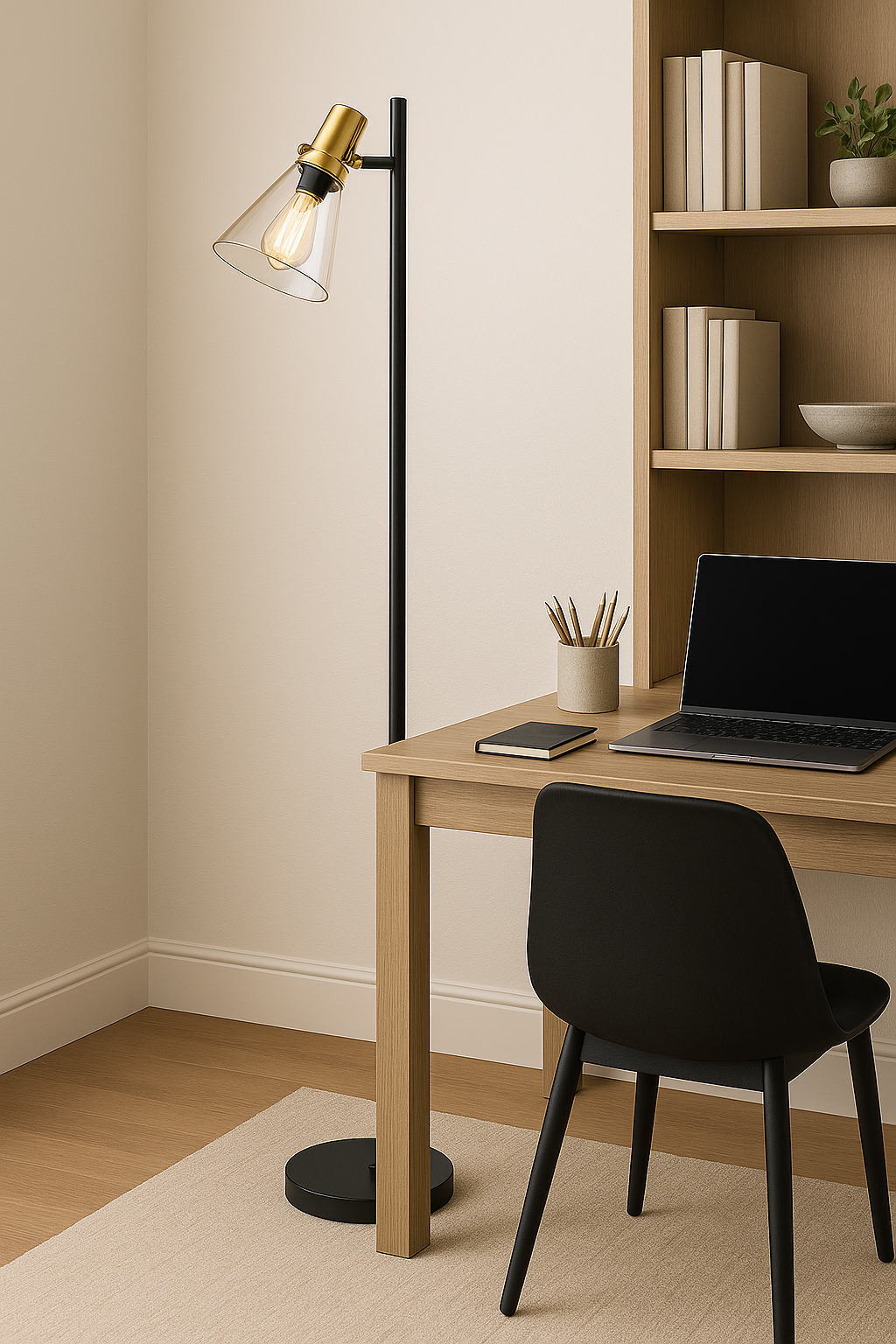 Treno Floor Lamp – Black & Gold with Clear Glass Shade