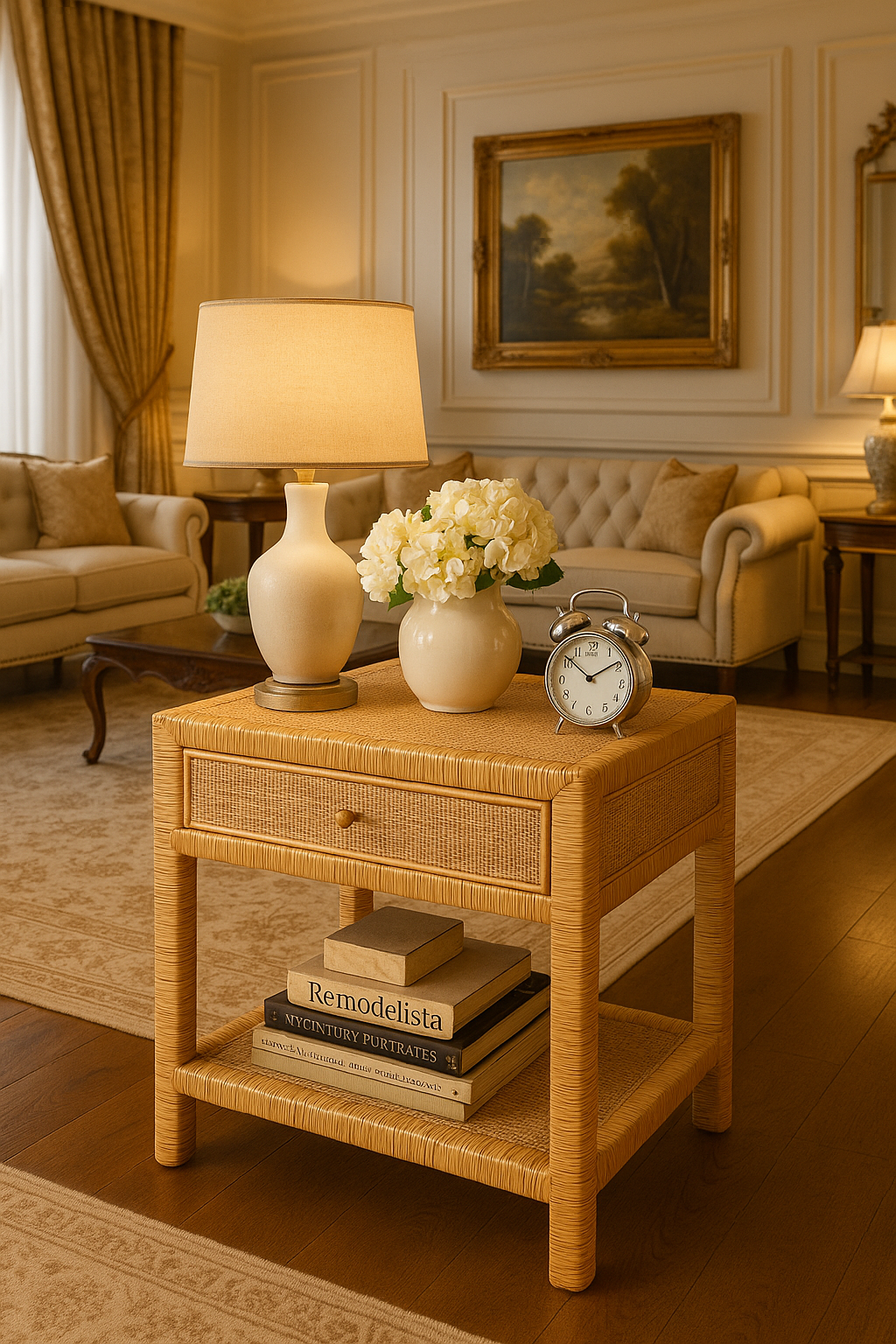 Nightstand – Bali & Pari Adelia Modern Bohemian Rattan & Mahogany Wood 1-Drawer