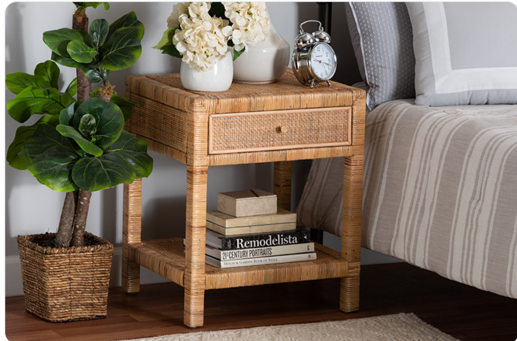 Bali & Pari Adelia Modern Bohemian Natural Rattan & Mahogany Wood 1-Drawer Nightstand