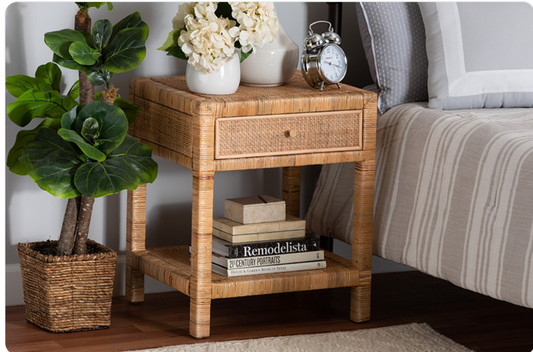 Bali & Pari Adelia Modern Bohemian Natural Rattan & Mahogany Wood 1-Drawer Nightstand