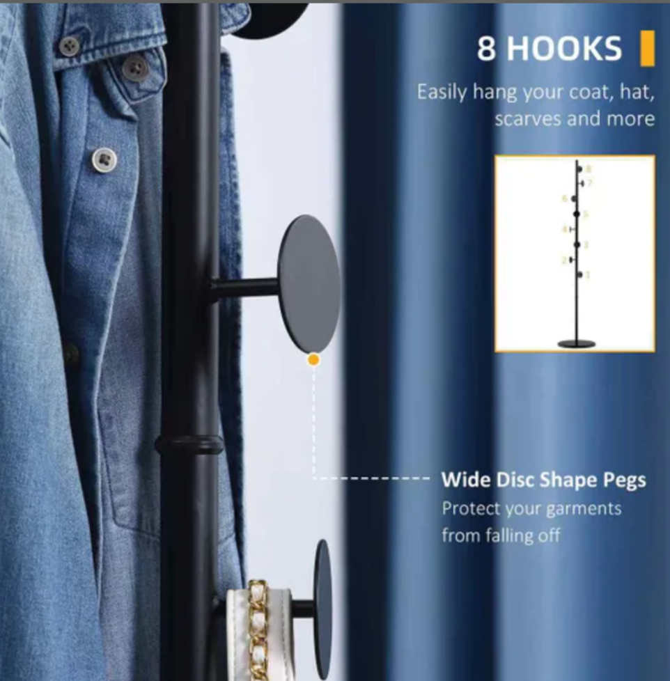 HOMCOM Steel Coat Stand with Marble Base – Adjustable 8-Hook Freestanding Rack (Black)