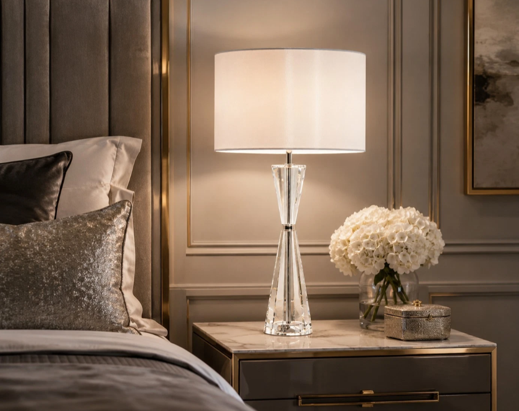 Risha 2 Light Crystal Table Lamp Polished Nickel with Ivory Shade | Luxury Designer Lighting