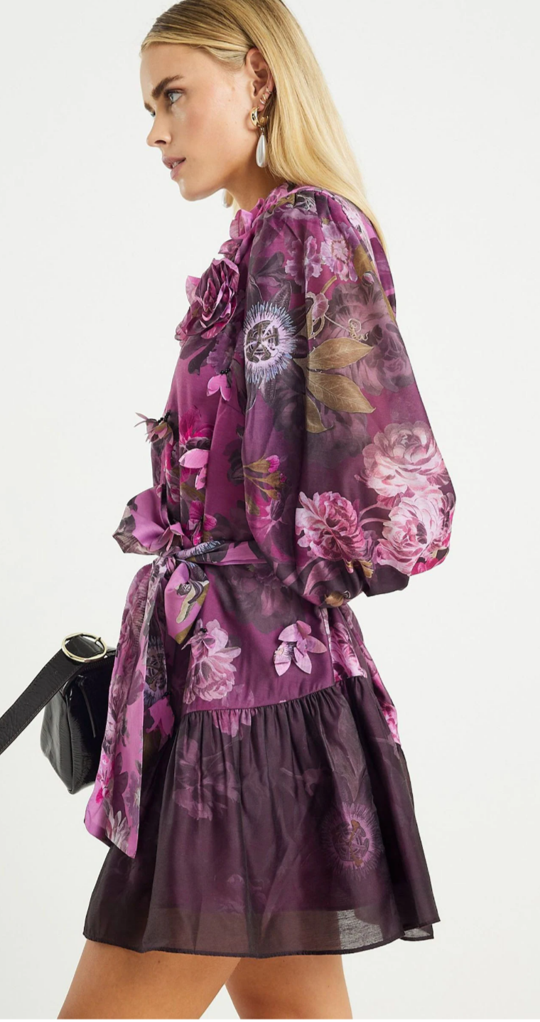 River Island Purple 3D Floral Mini Dress – Petite Smart Occasion Dress, Long Sleeve, Belted, Beaded Detail