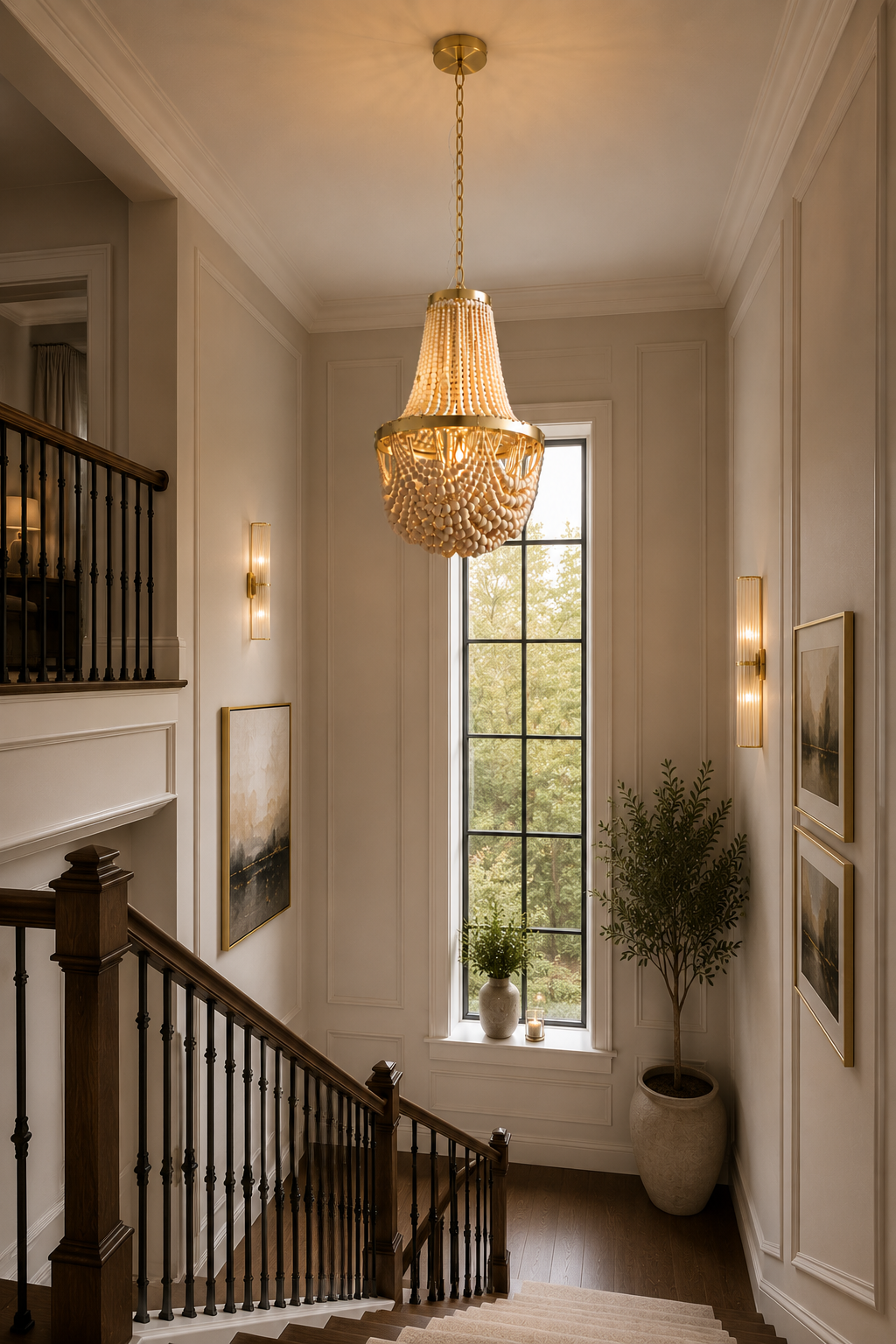 Large Miller Wooden Bead Chandelier Light – Rustic Wooden Ceiling Pendant with Gold Frame | E27 Hanging Light