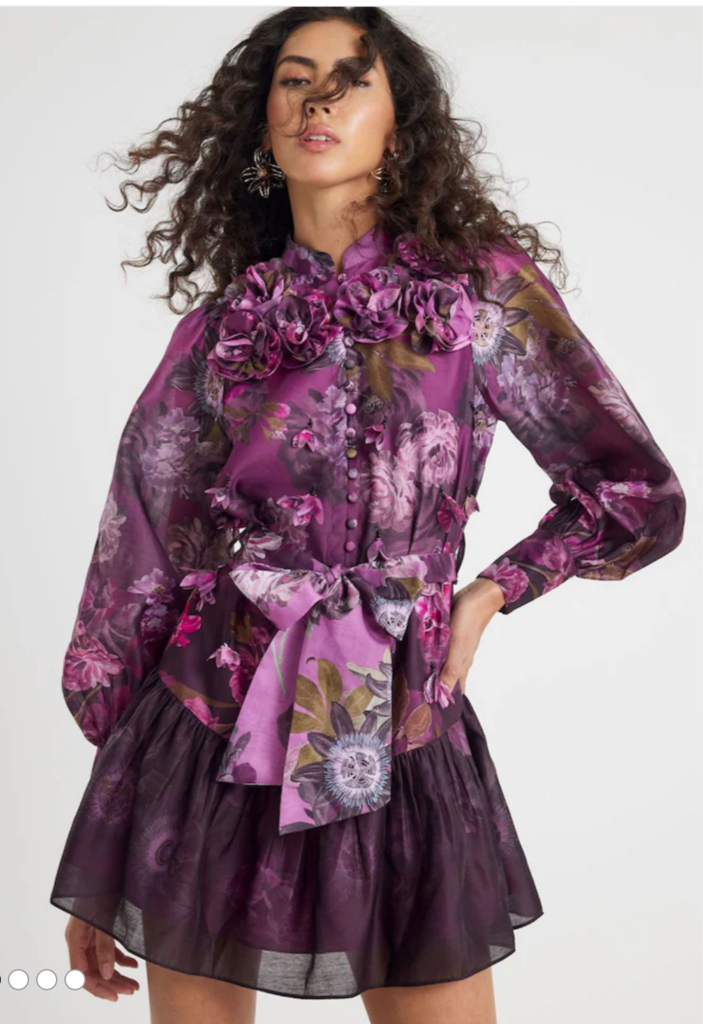 River Island Purple 3D Floral Mini Dress – Petite Smart Occasion Dress, Long Sleeve, Belted, Beaded Detail