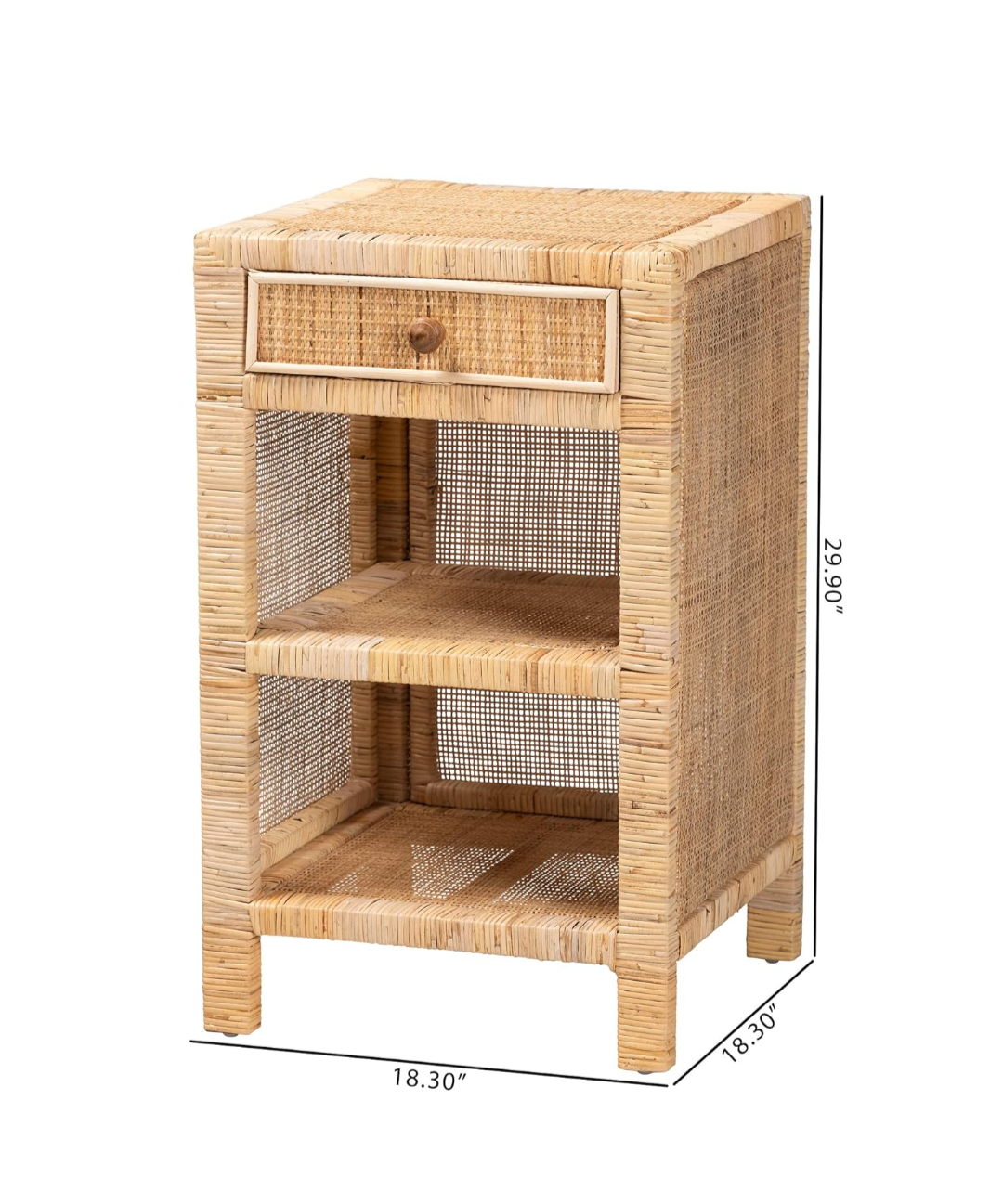 Baxton Studio Bella Natural Rattan Nightstand – Solid Mahogany Wood Bedside Table with Drawer and Shelves by Bali & Pari (Fully Assembled)