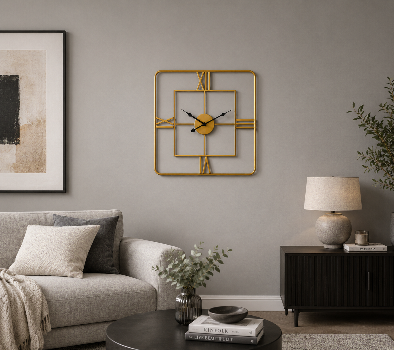 Kent Small Gold Finish Square Wall Clock 50cm Luxury Gold Metal Roman Numeral Modern Wall Clock