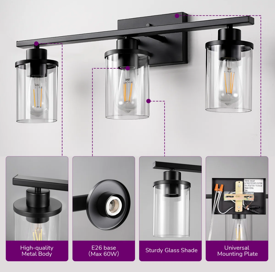 Breakwater Bay Belhaven 3-Light Black Bathroom Vanity Wall Light Dimmable Fixture